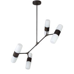 Contemporary Pendant in Opaline Glass, Four Shades Lamp in Brass and Bronze