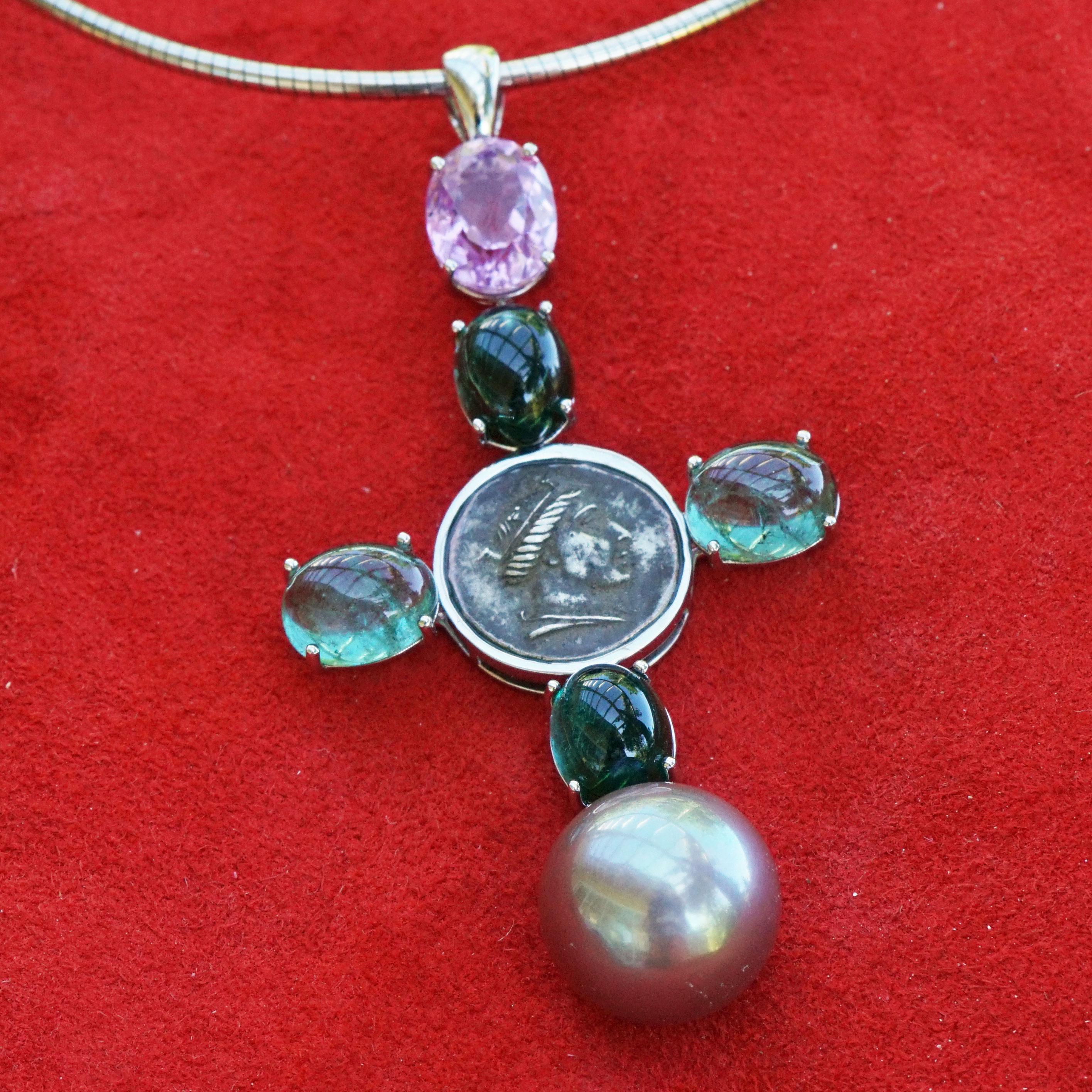 Cabochon Pendant Cross with Coin and Blue-Green Tourmaline Kunzite 11 Ct White Gold 18 Kt For Sale