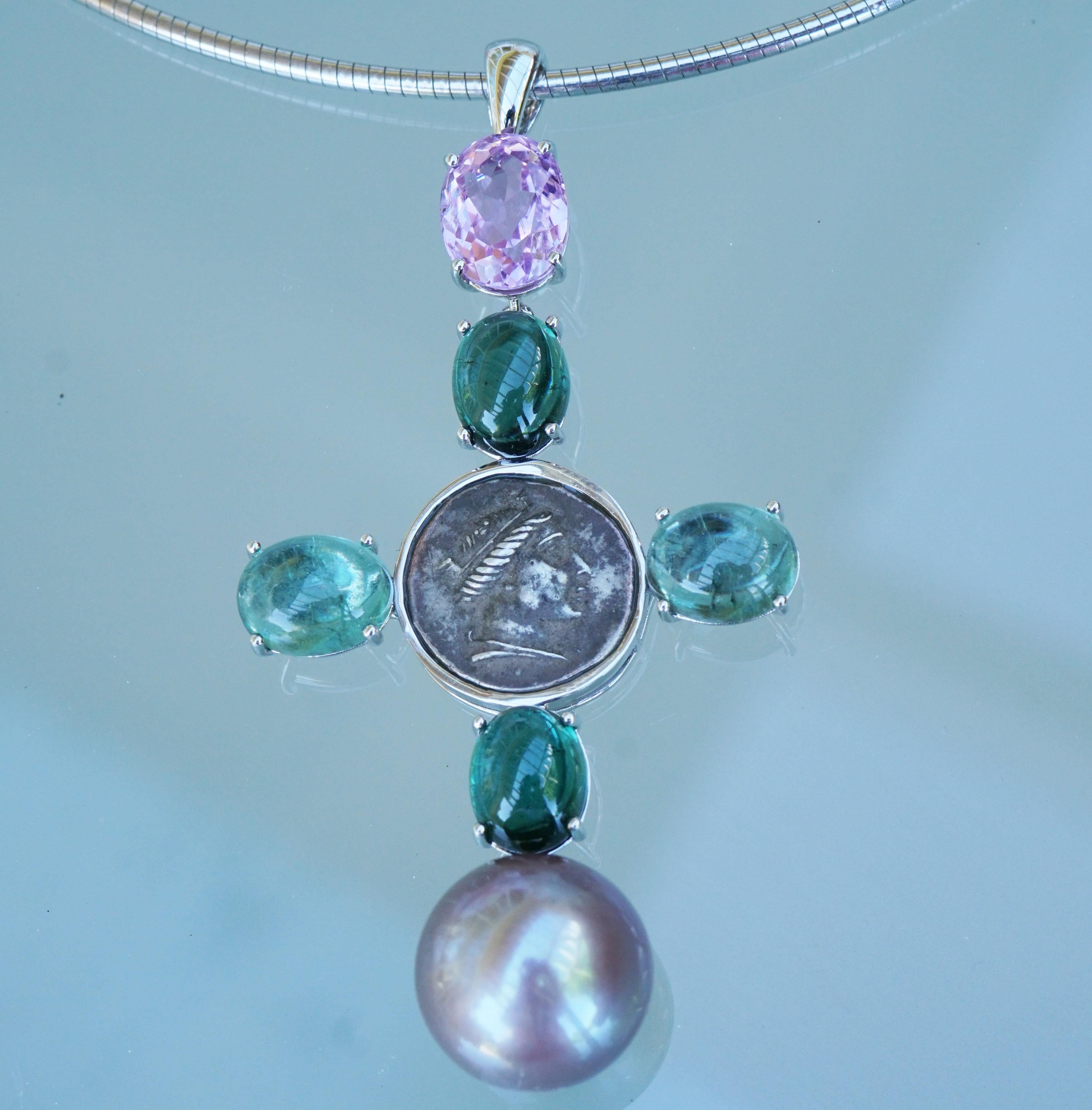 Women's or Men's Pendant Cross with Coin and Blue-Green Tourmaline Kunzite 11 Ct White Gold 18 Kt For Sale