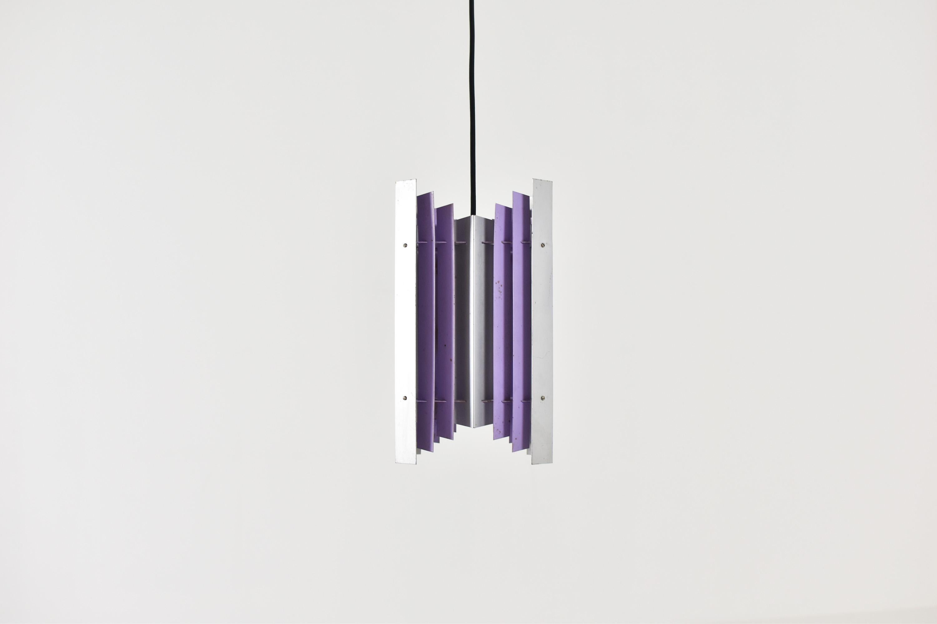 Elegant pendant designed by Thue Christensen for Nordisk Solar, Denmark, 1960s. This pendant features brushed and lilac lacquered metal rectangular elements.