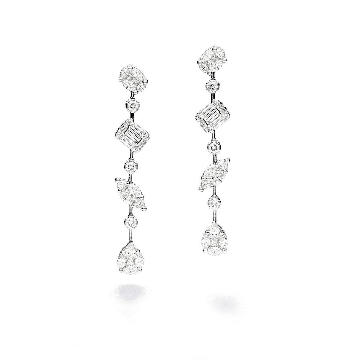 Earrings in 18kt white gold set with 42 princess, marquise baguette and pear-shaped cut diamonds 3.05 cts and 14 diamonds 0.67 cts        