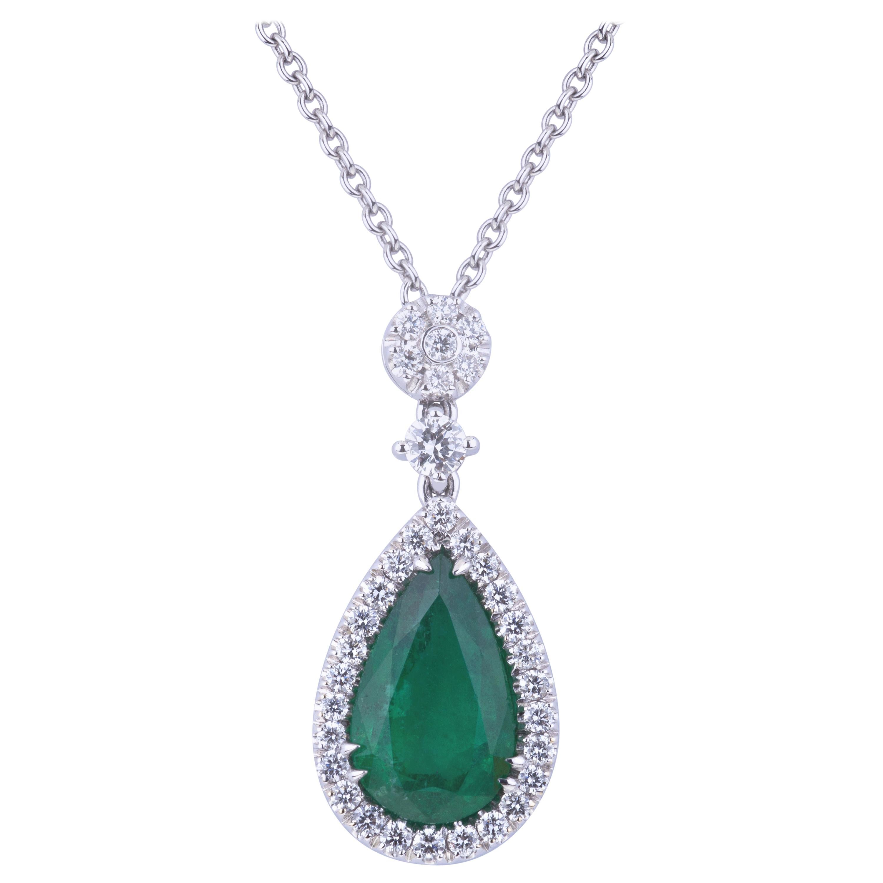 Pendant Drop Certified Emerald Necklace with Diamonds on Top and Chain For Sale