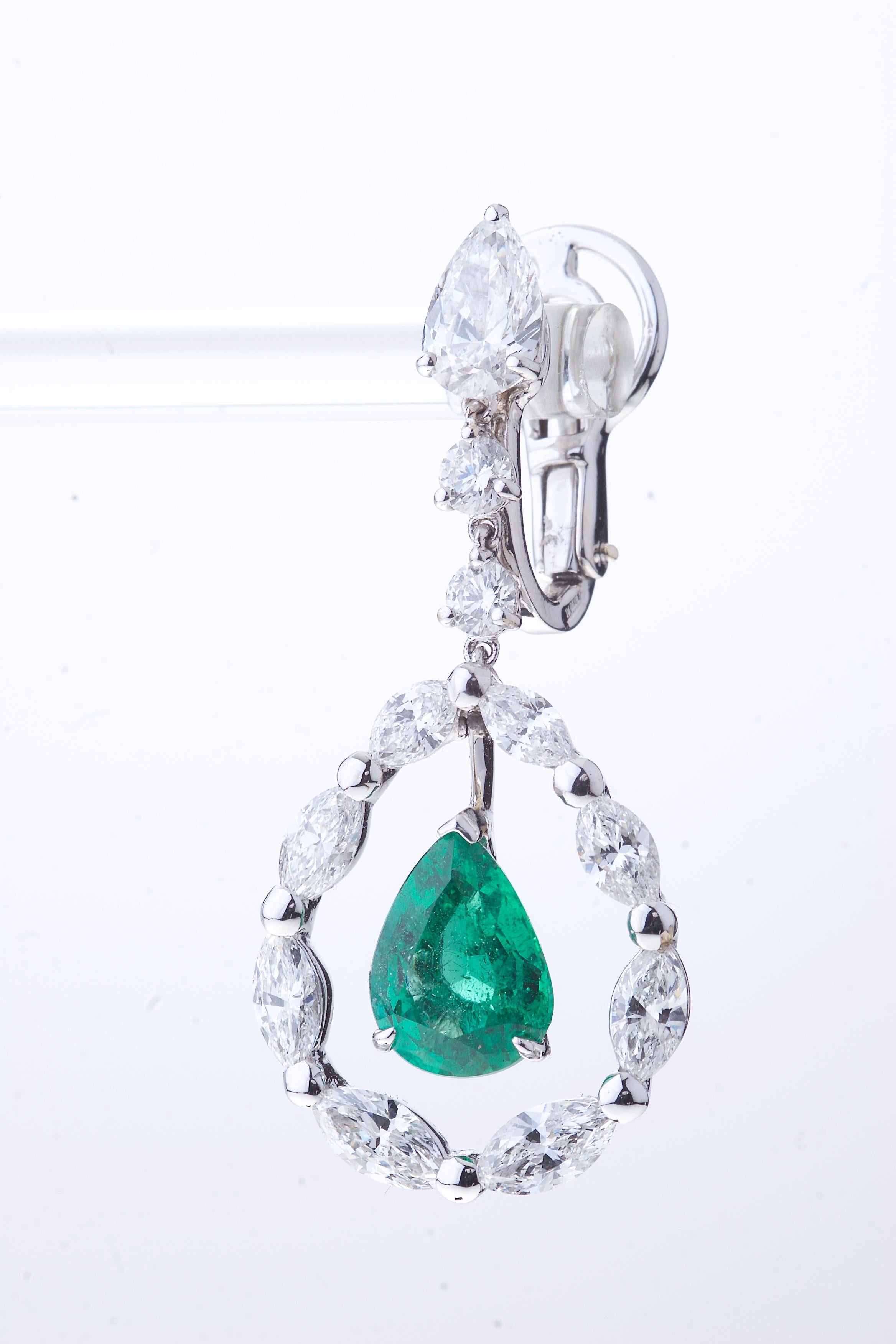 Pear Cut Pendant Drop Emerald Earrings in a Circle of Navette Diamonds and Solitaire For Sale