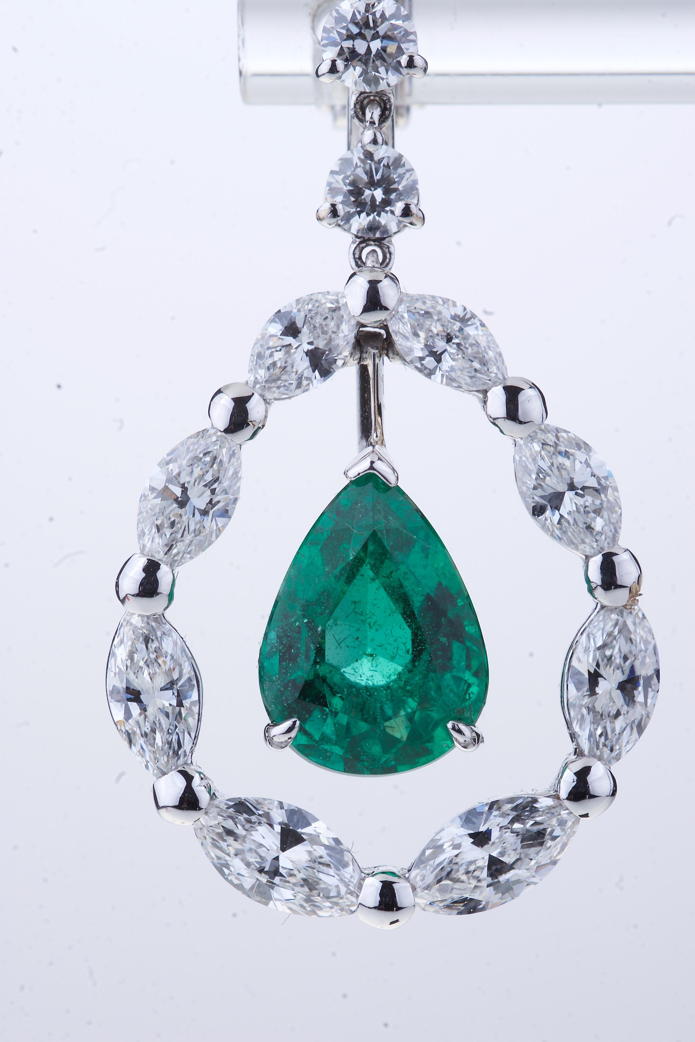 Women's Pendant Drop Emerald Earrings in a Circle of Navette Diamonds and Solitaire For Sale