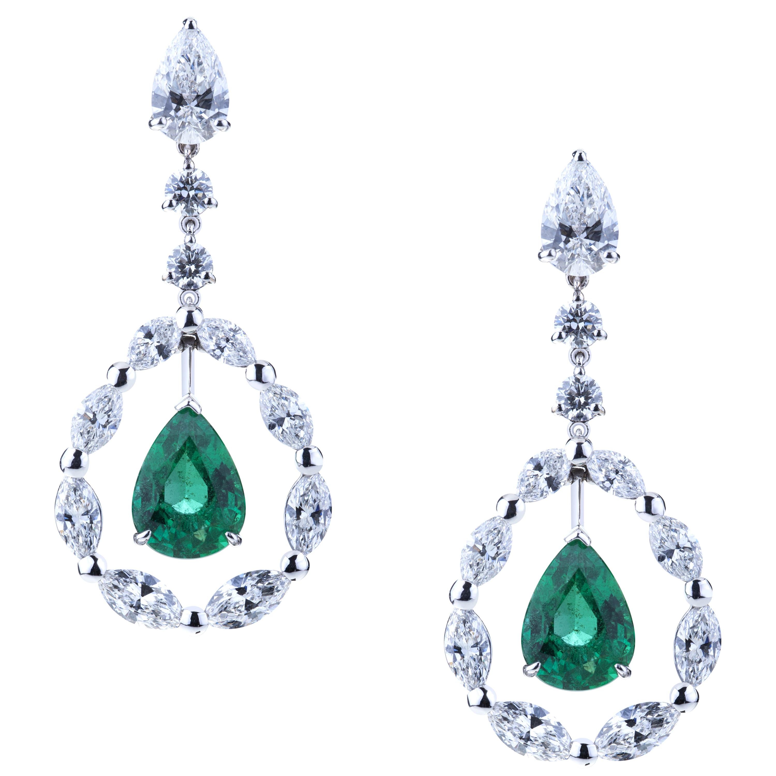 Pendant Drop Emerald Earrings in a Circle of Navette Diamonds and Solitaire For Sale