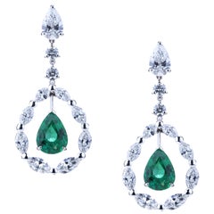 Pendant Drop Emerald Earrings in a Circle of Navette Diamonds and Solitaire