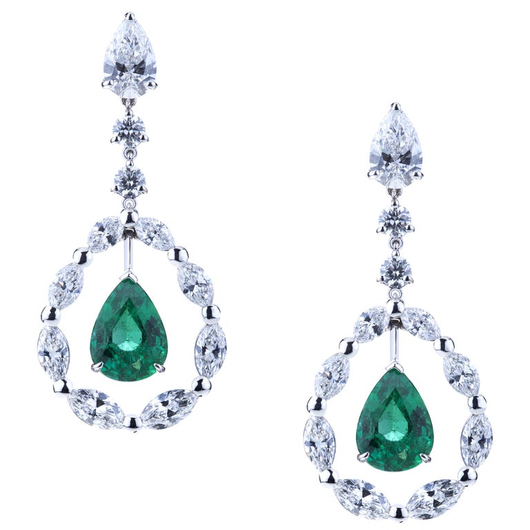 Pendant Drop Emerald Earrings in a Circle of Navette Diamonds and ...