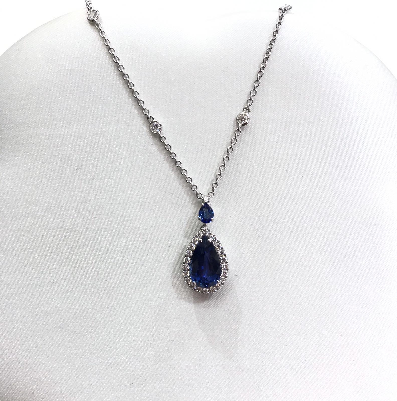 Contemporary Pendant Drop Sapphire Necklace with Diamonds and Pear Cut Sapphire on Top