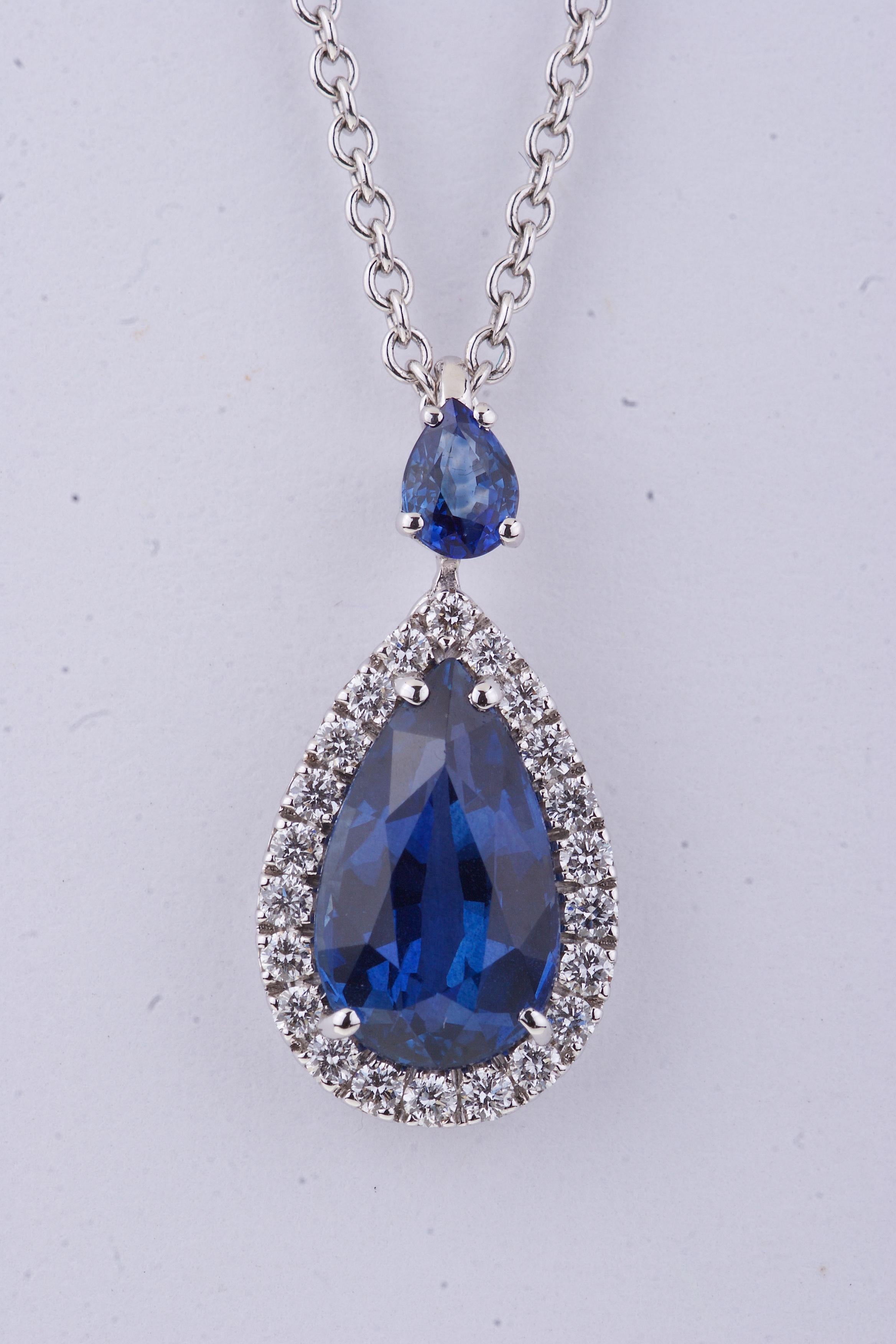 Women's Pendant Drop Sapphire Necklace with Diamonds and Pear Cut Sapphire on Top