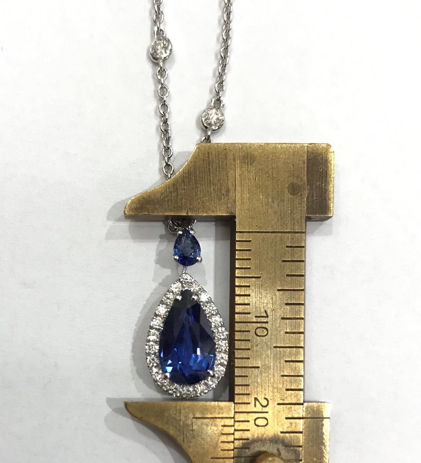 Pendant Drop Sapphire Necklace with Diamonds and Pear Cut Sapphire on Top 2