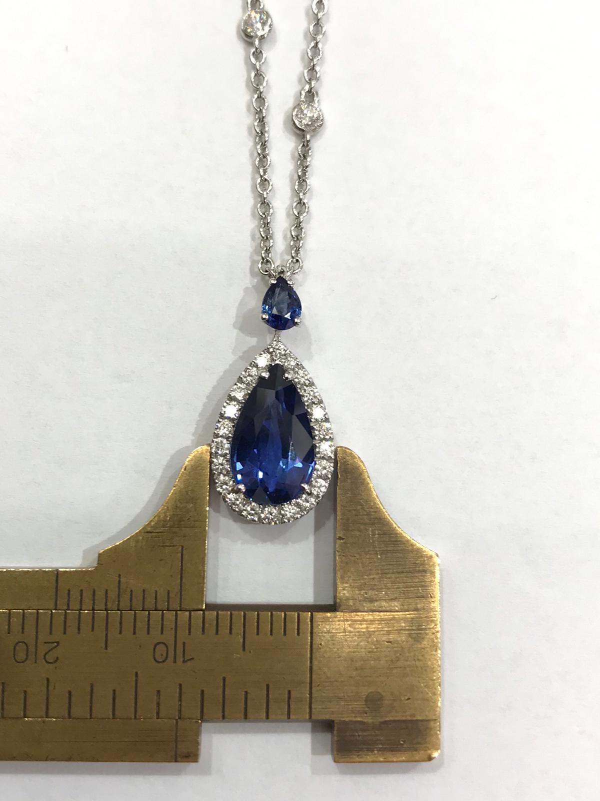 Pendant Drop Sapphire Necklace with Diamonds and Pear Cut Sapphire on Top 3