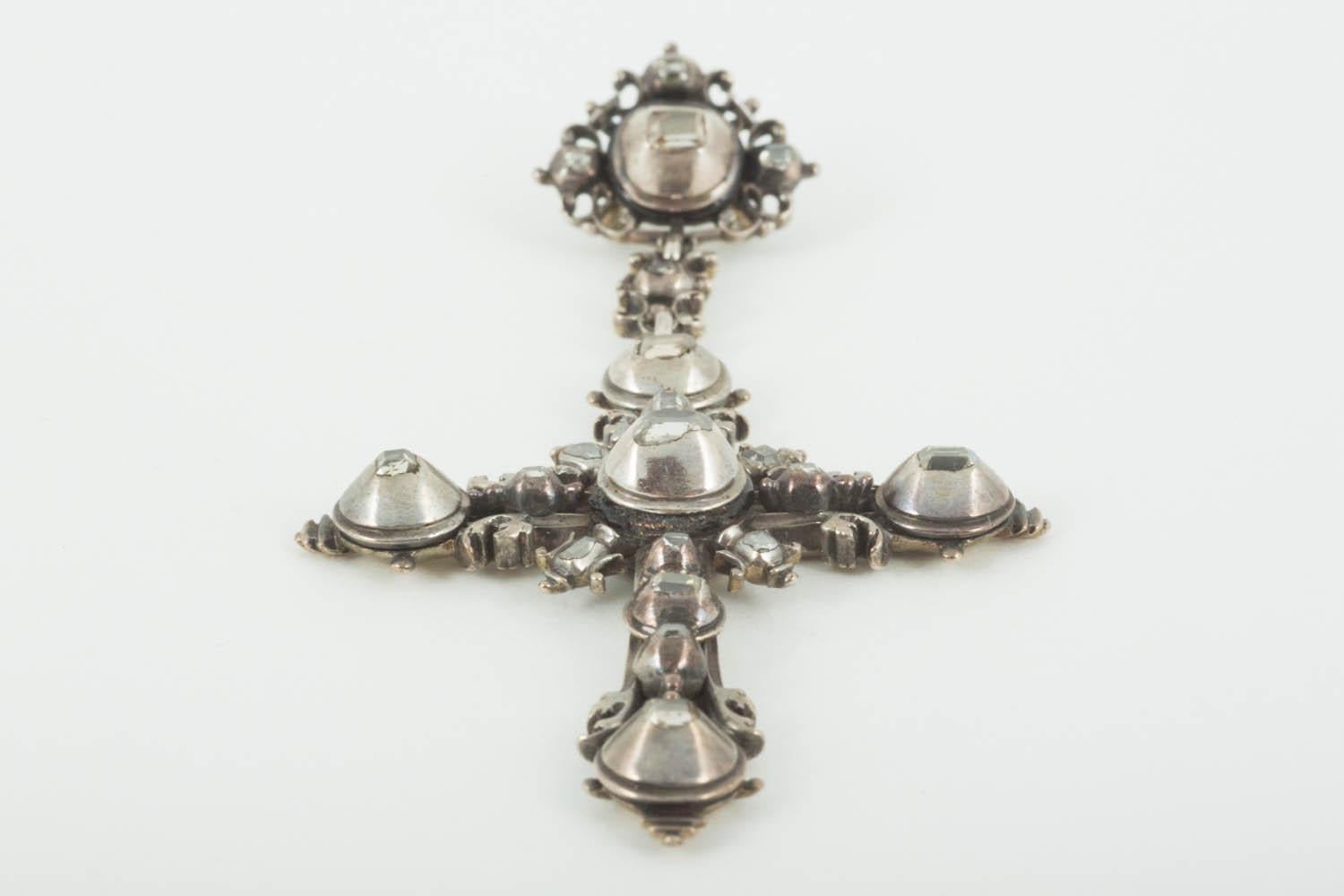 Old European Cut Early 18th Century Pendant, Silver & Table Cut Diamond Cross, French, circa 1720 For Sale