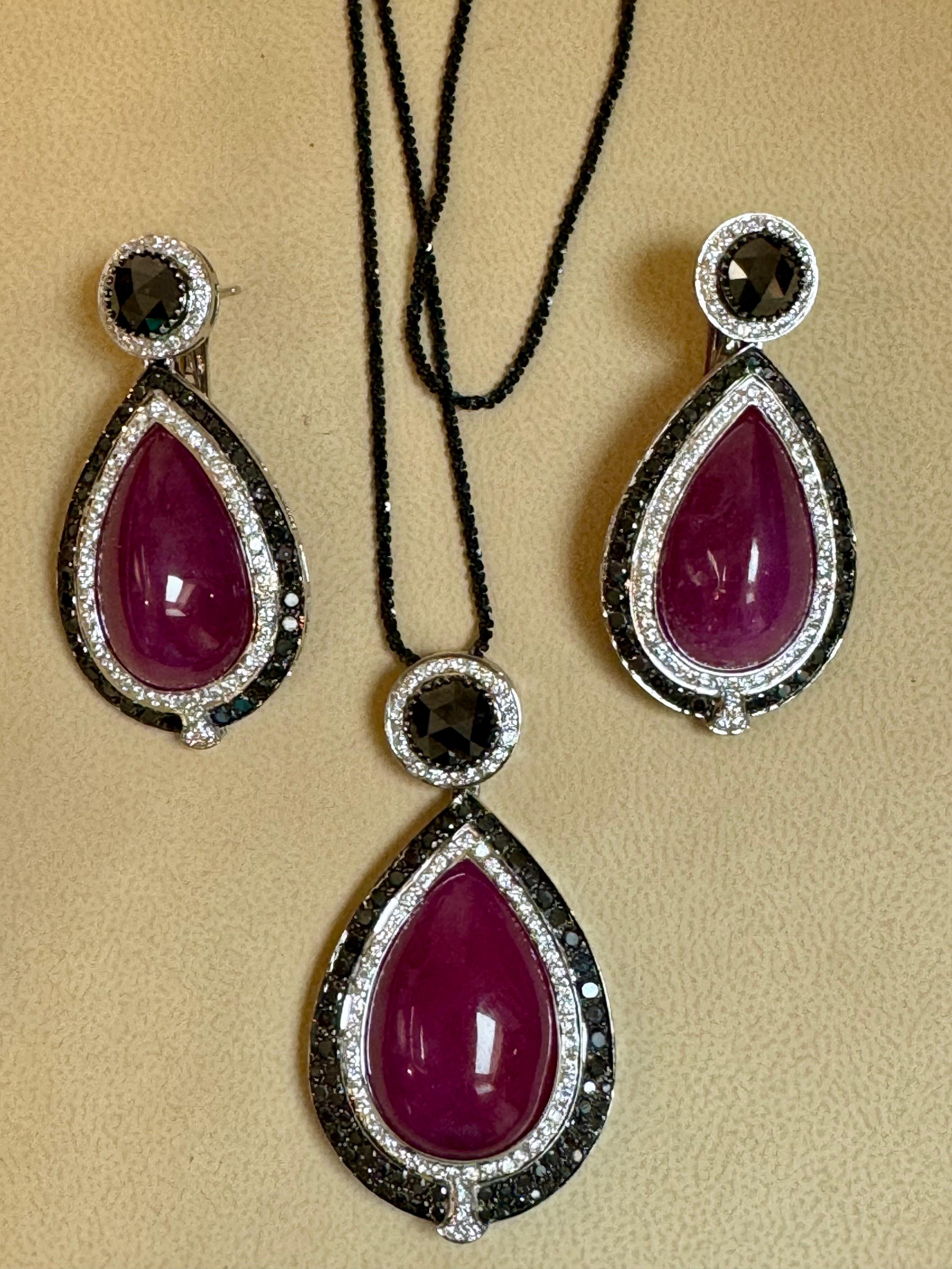  Pendant & Earring Suite 60Ct Natural Ruby No Heat & Black & White Diamond 18KWG For Sale 7