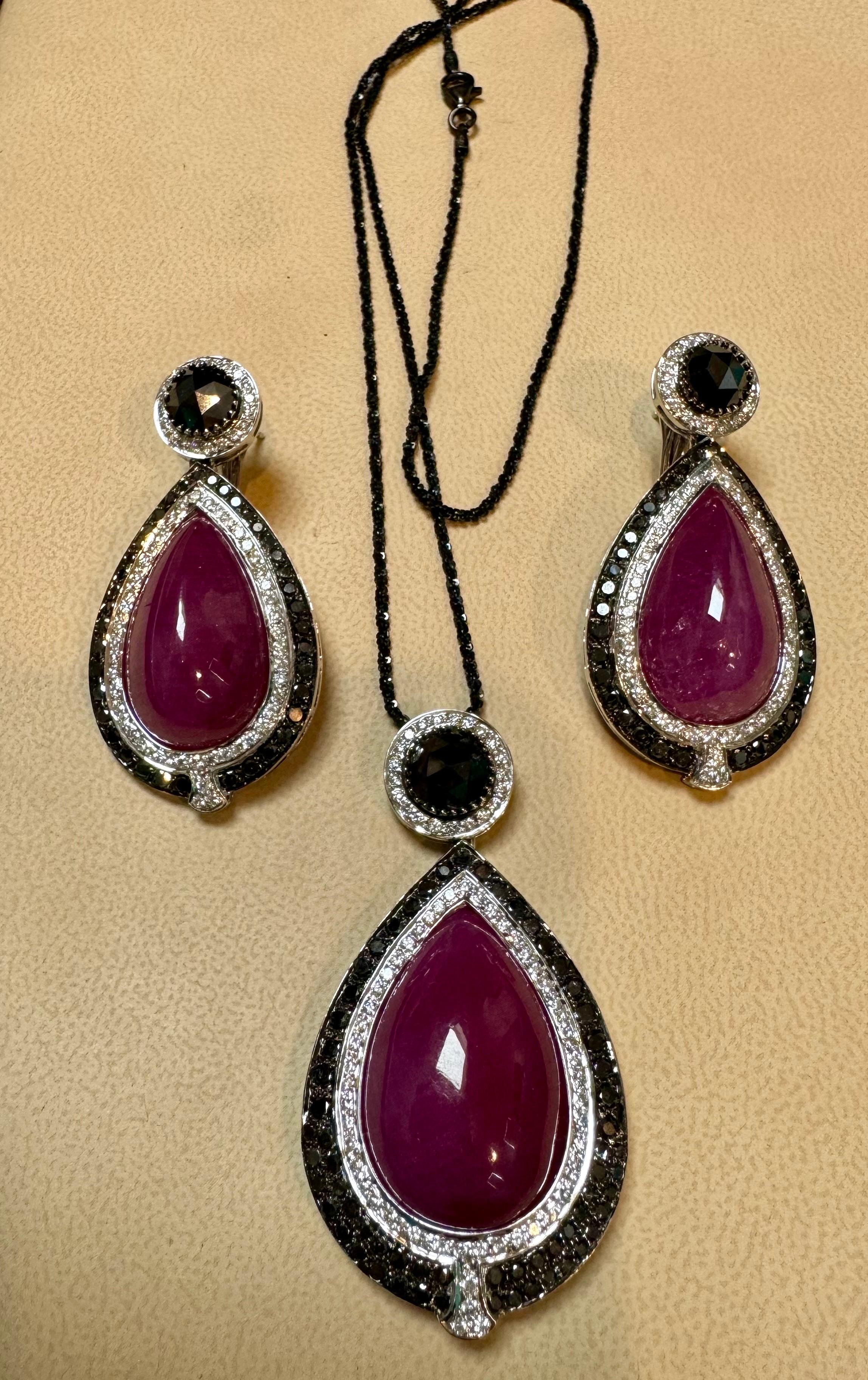 Pear Cut  Pendant & Earring Suite 60Ct Natural Ruby No Heat & Black & White Diamond 18KWG For Sale
