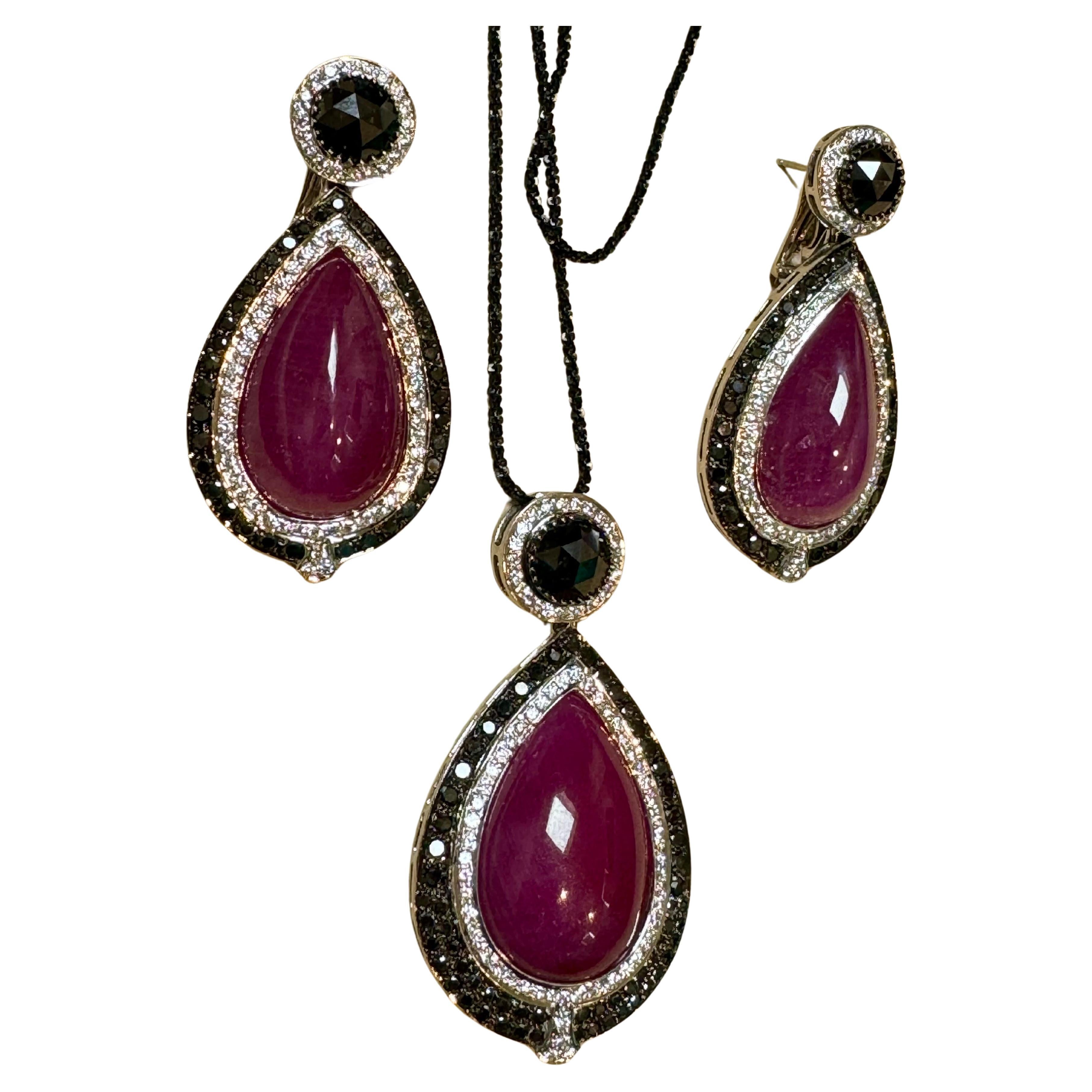  Pendant & Earring Suite 60Ct Natural Ruby No Heat & Black & White Diamond 18KWG For Sale