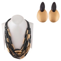 Pendant Earrings and Necklace Set, Mahogany Gold Foil and Leather