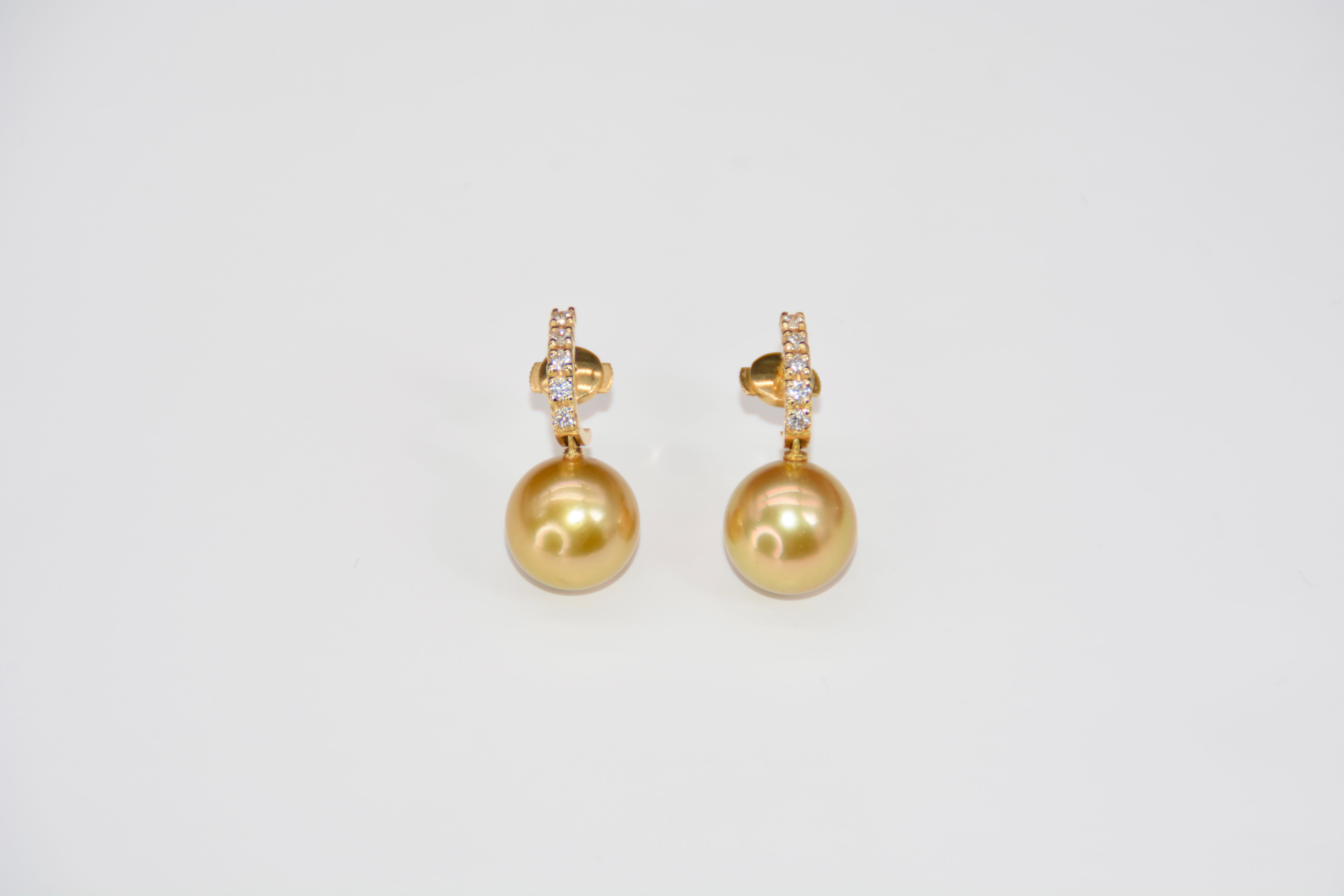 Contemporary Pendant Earrings Golden Pearl Beads Diamonds Yellow Gold For Sale