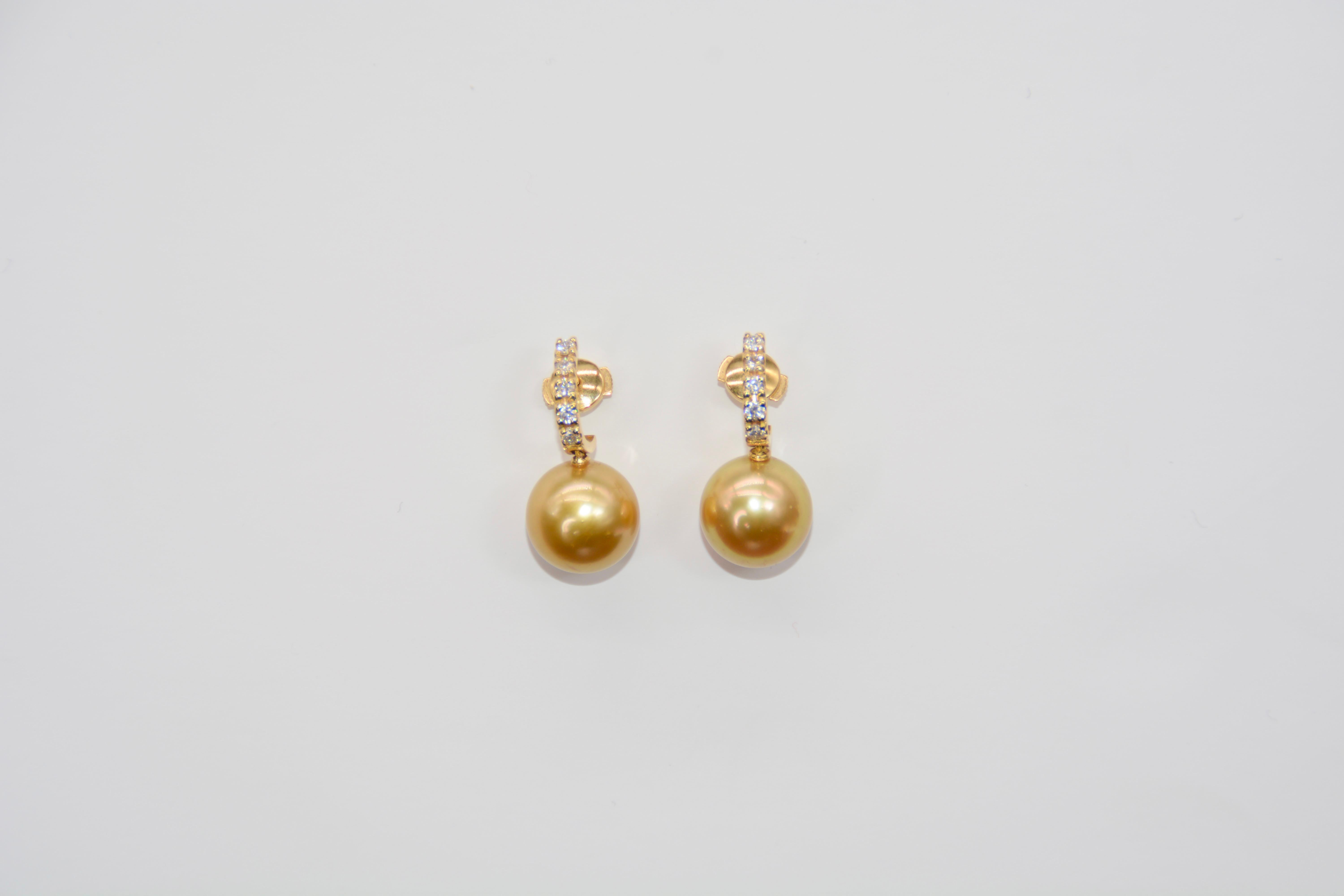 Pendant Earrings Golden Pearl Beads Diamonds Yellow Gold In New Condition For Sale In Vannes, FR