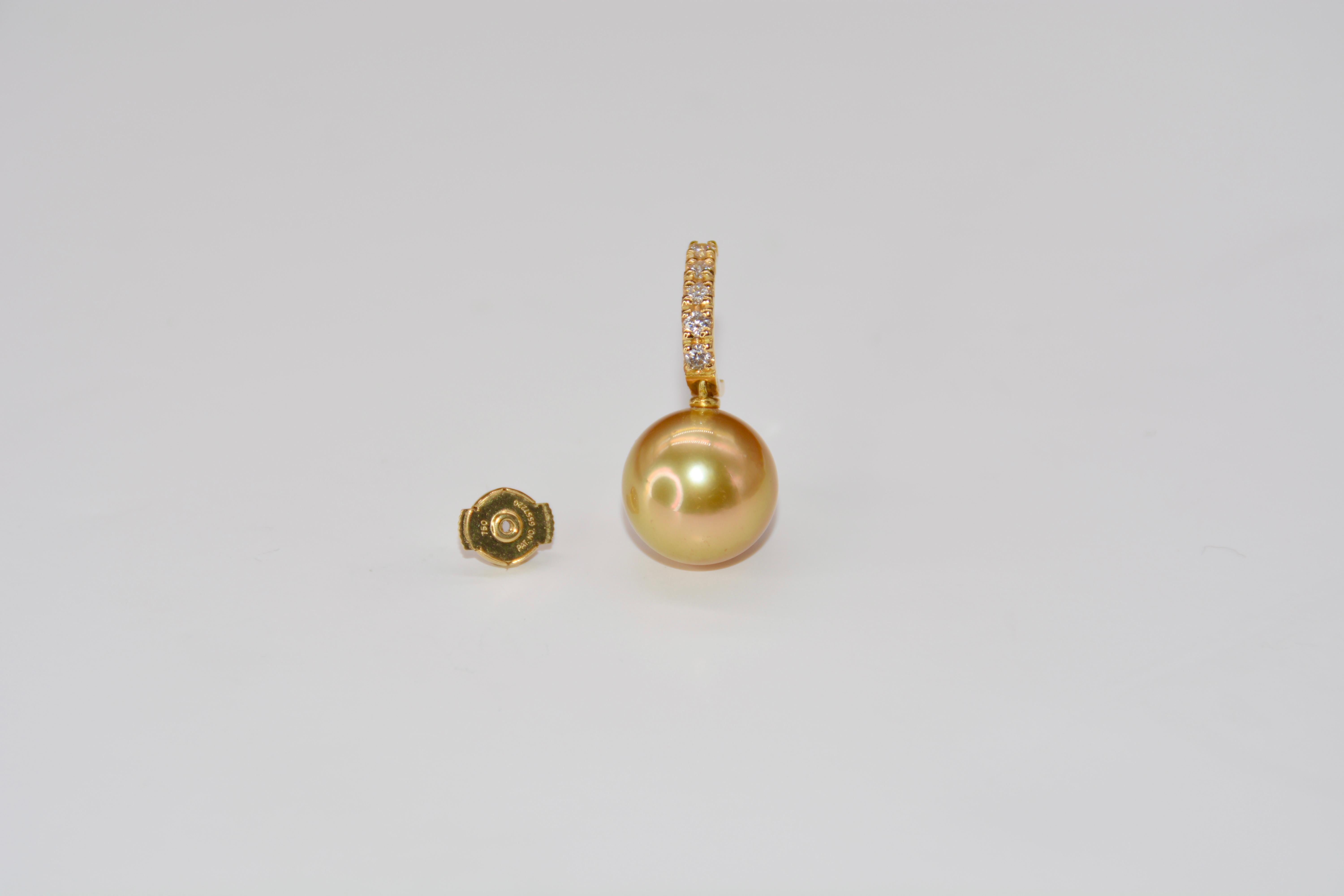 Pendant Earrings Golden Pearl Beads Diamonds Yellow Gold For Sale 2