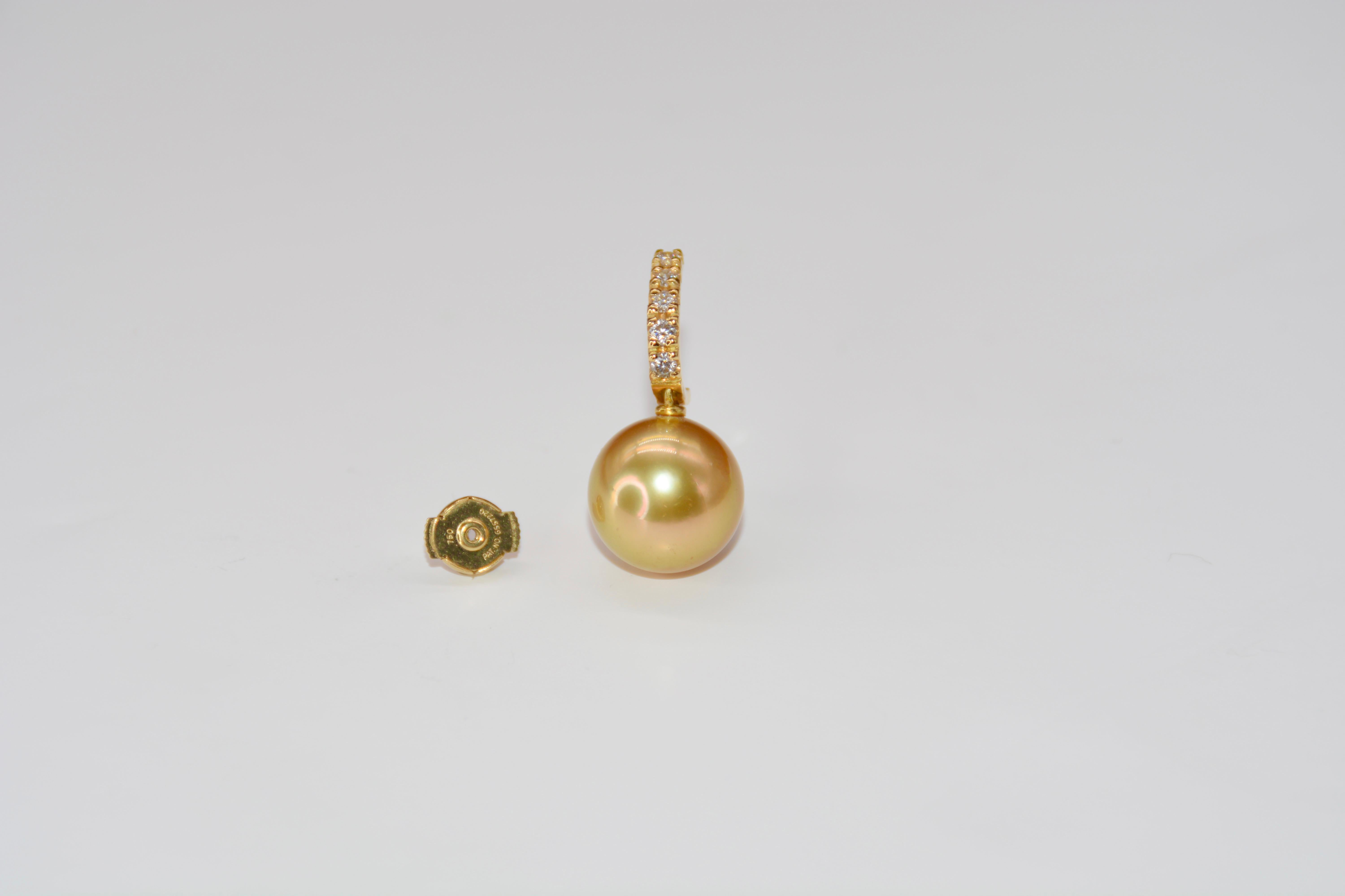 Pendant Earrings Golden Pearl Beads Diamonds Yellow Gold For Sale 3