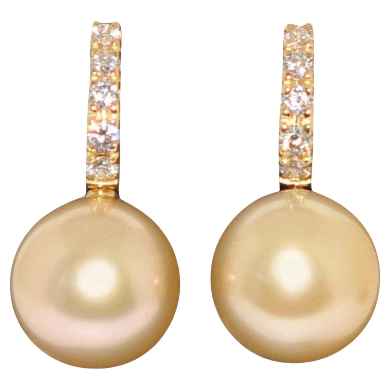 Pendant Earrings Golden Pearl Beads Diamonds Yellow Gold