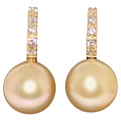 Pendant Earrings Golden Pearl Beads Diamonds Yellow Gold