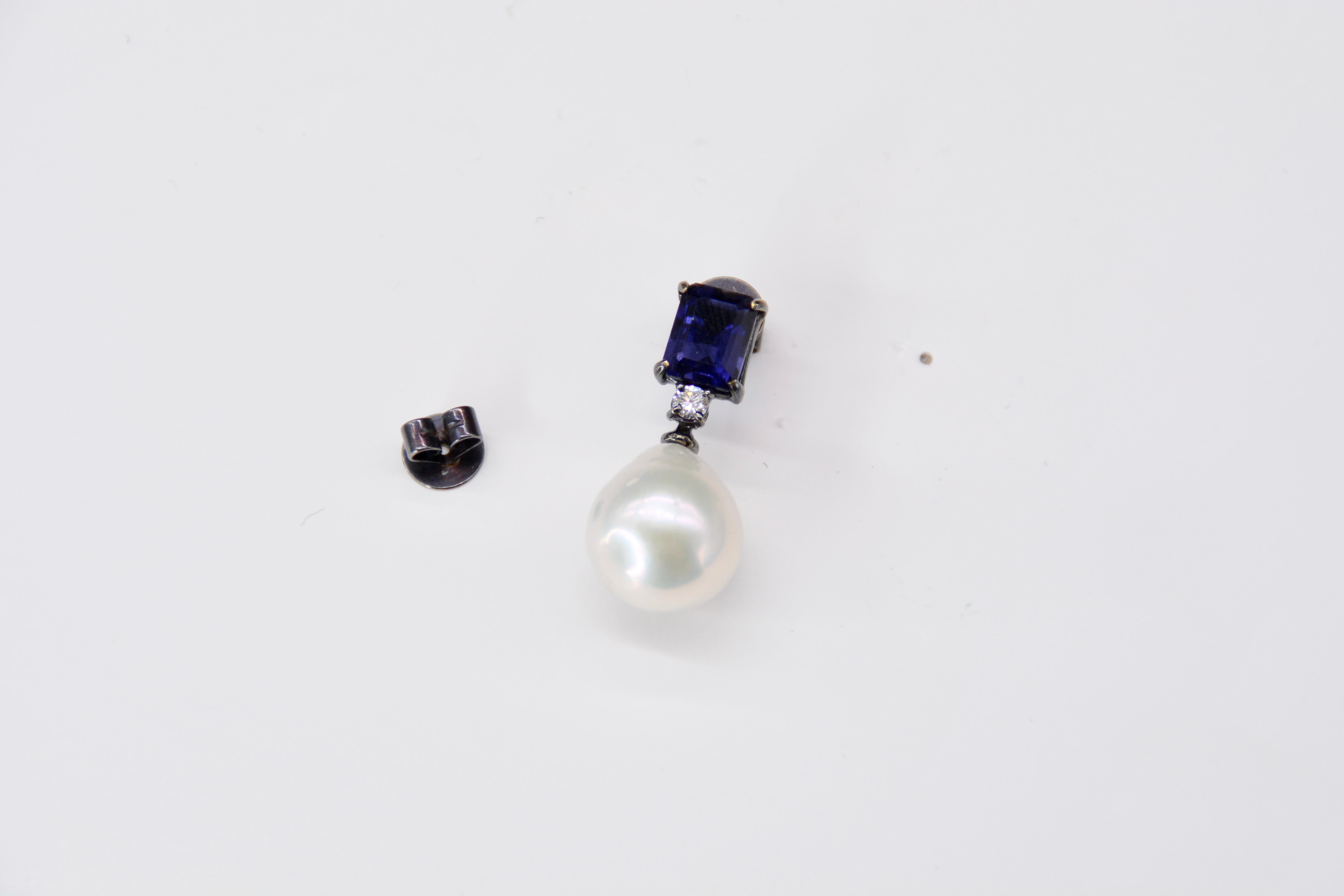 Emerald Cut Pendant Earrings Iolite Diamonds Rhodium Black Gold For Sale
