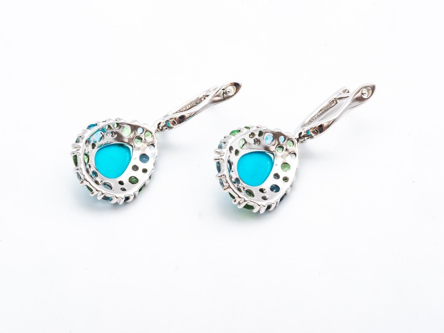 Artisan Pendant Earrings Tsavorite Turquoise Topaz and Diamonds White Gold 18 Karat For Sale