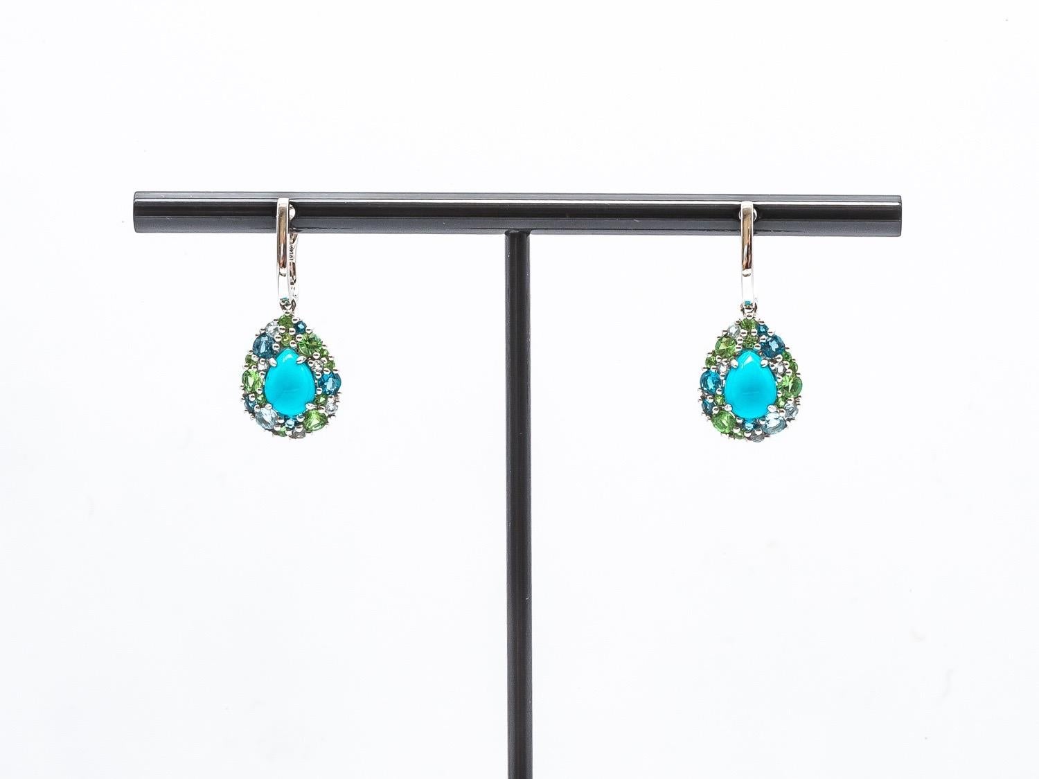 Brilliant Cut Pendant Earrings Tsavorite Turquoise Topaz and Diamonds White Gold 18 Karat For Sale