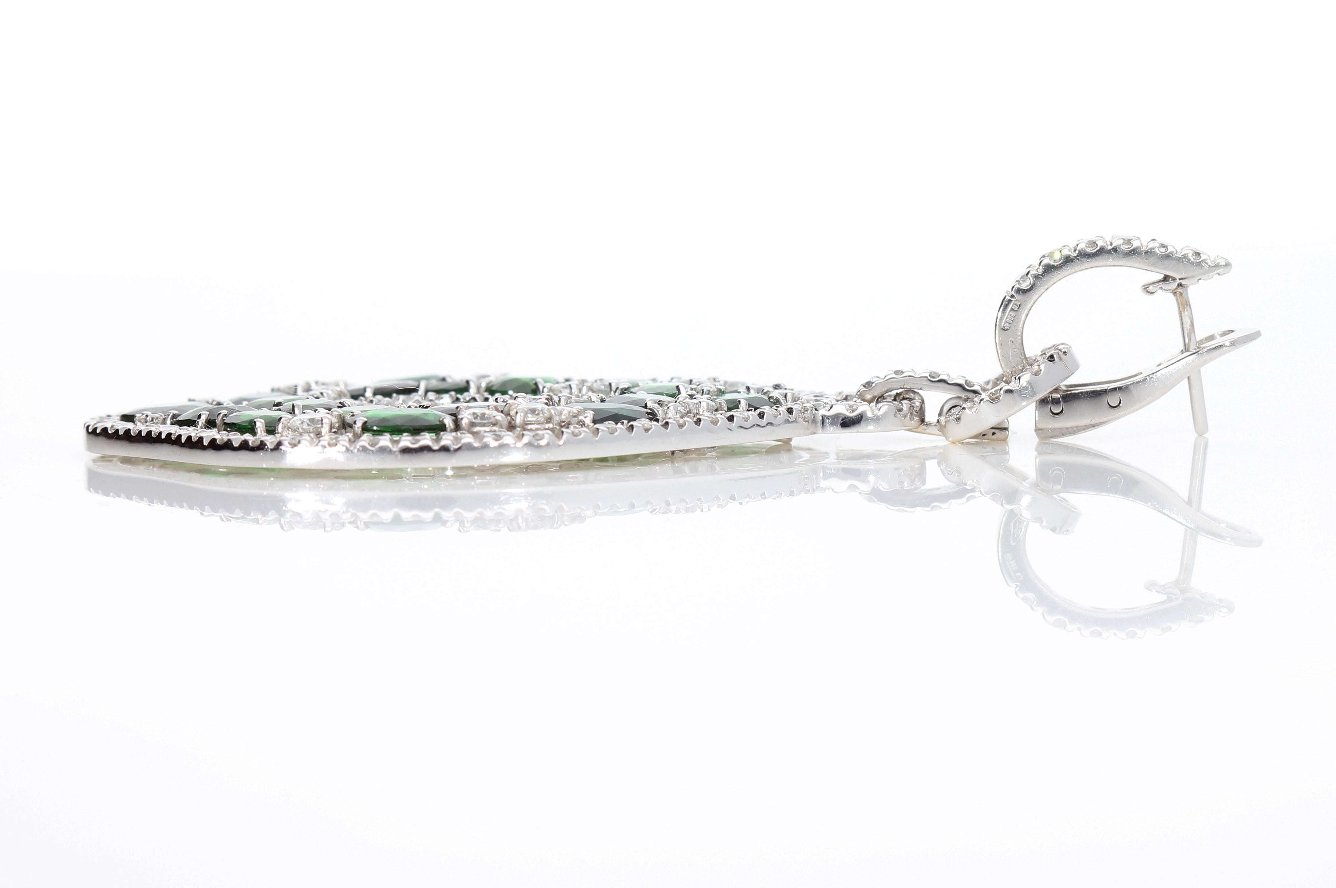 Pendant Earrings with Diamonds and Green Tourmalines, in 18 Kt White Gold For Sale 4