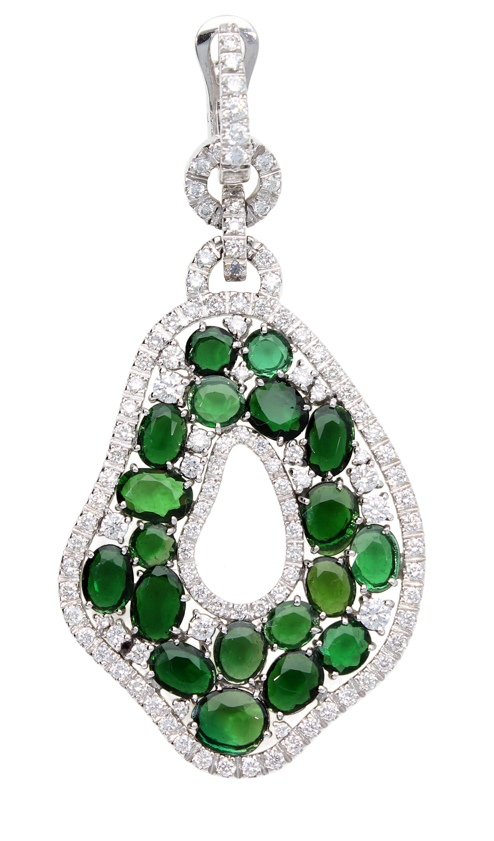 Contemporary Pendant Earrings with Diamonds and Green Tourmalines, in 18 Kt White Gold For Sale