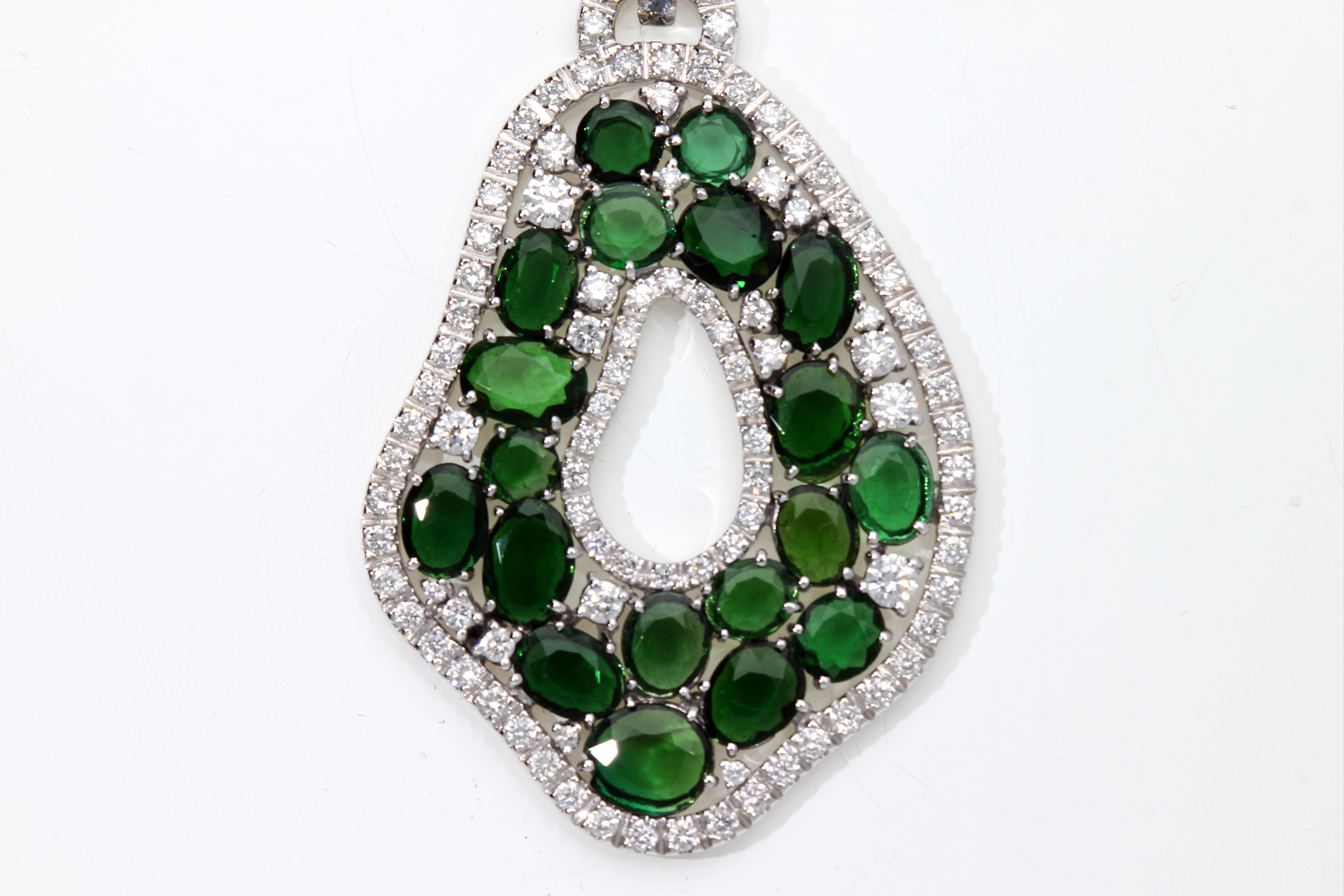 Oval Cut Pendant Earrings with Diamonds and Green Tourmalines, in 18 Kt White Gold For Sale