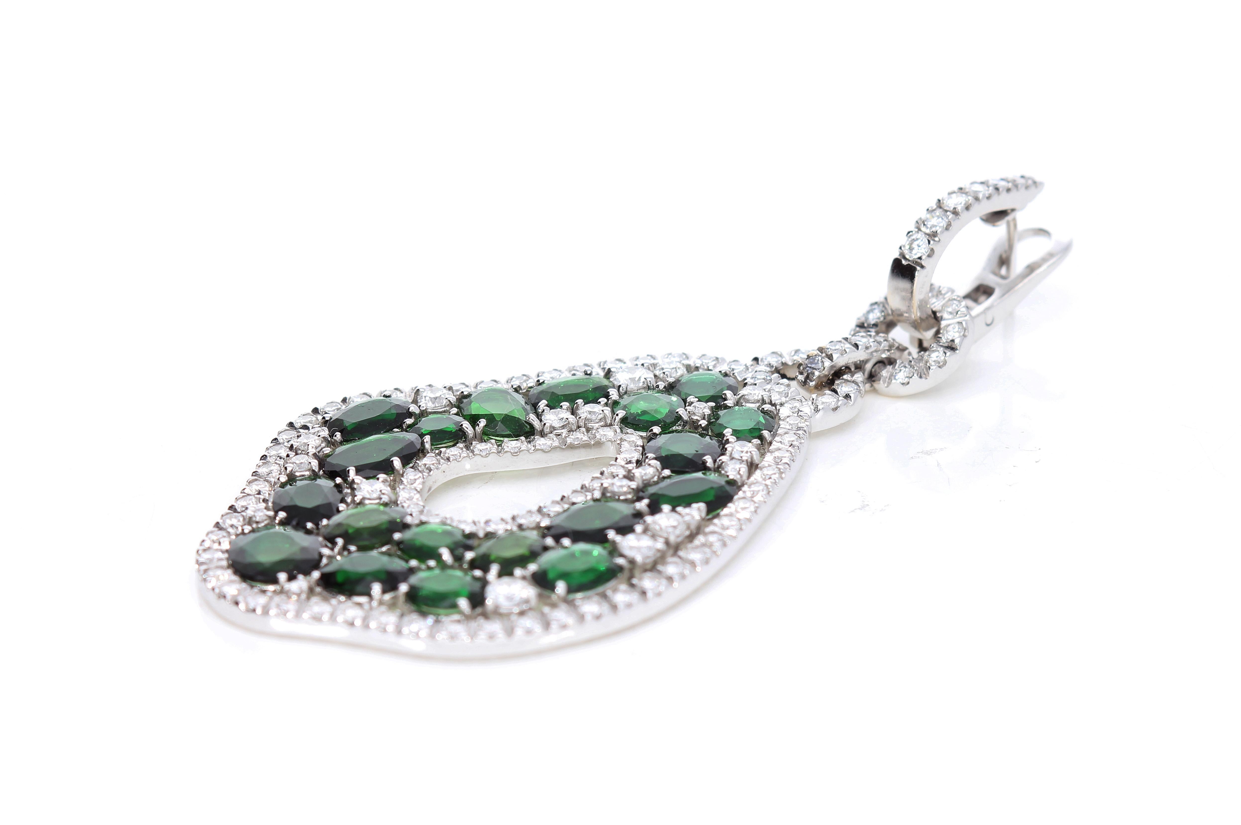 Pendant Earrings with Diamonds and Green Tourmalines, in 18 Kt White Gold For Sale 2