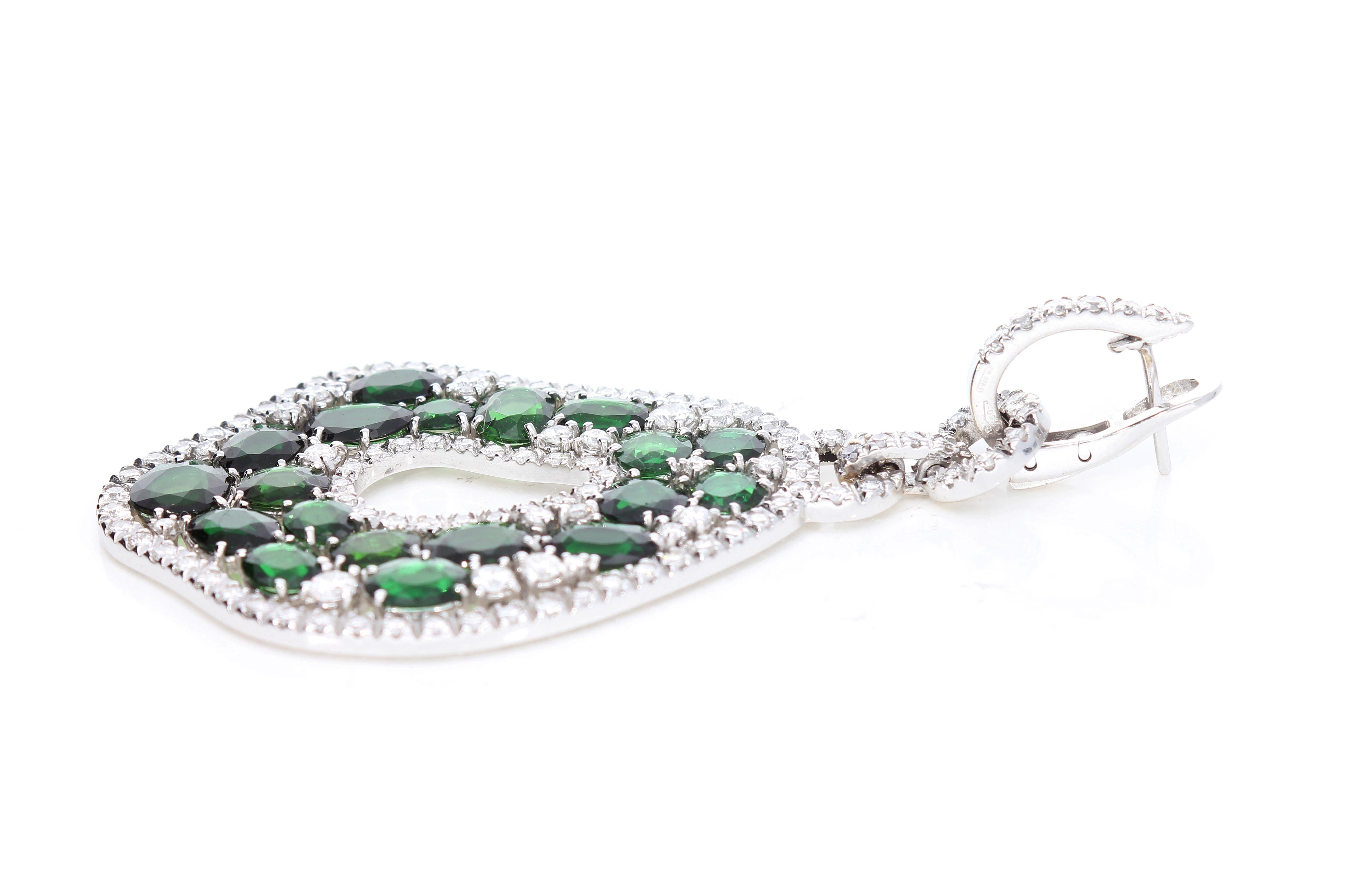 Pendant Earrings with Diamonds and Green Tourmalines, in 18 Kt White Gold For Sale 3