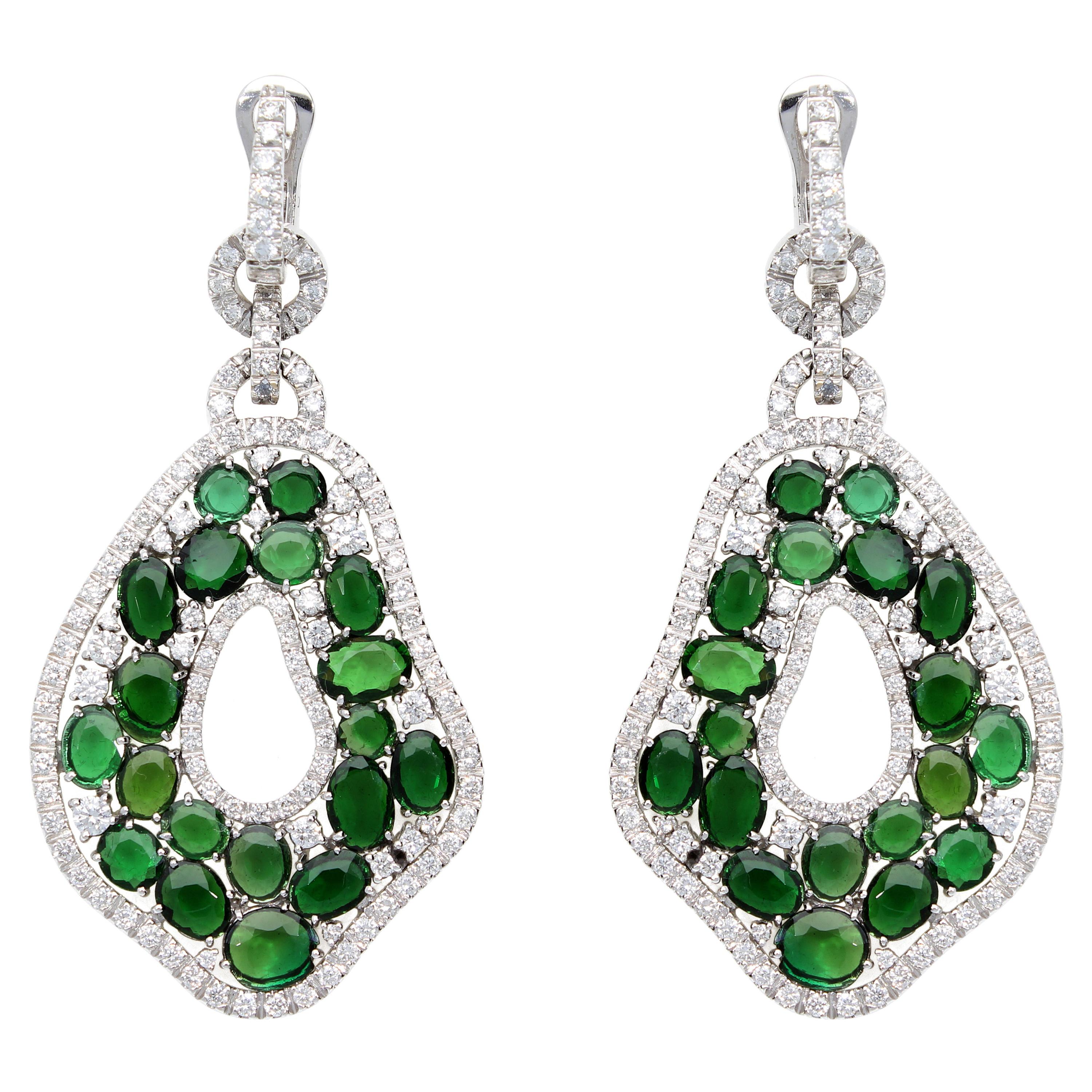 Pendant Earrings with Diamonds and Green Tourmalines, in 18 Kt White Gold