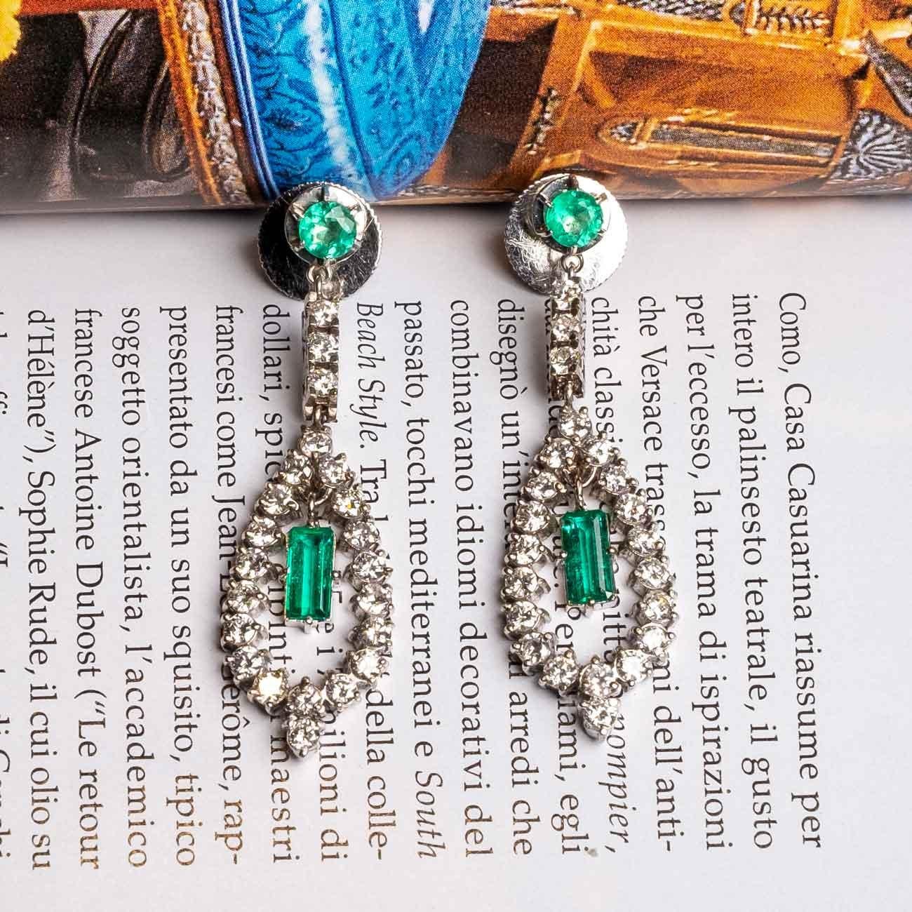 Emerald Cut Pendant earrings with emeralds and diamonds For Sale