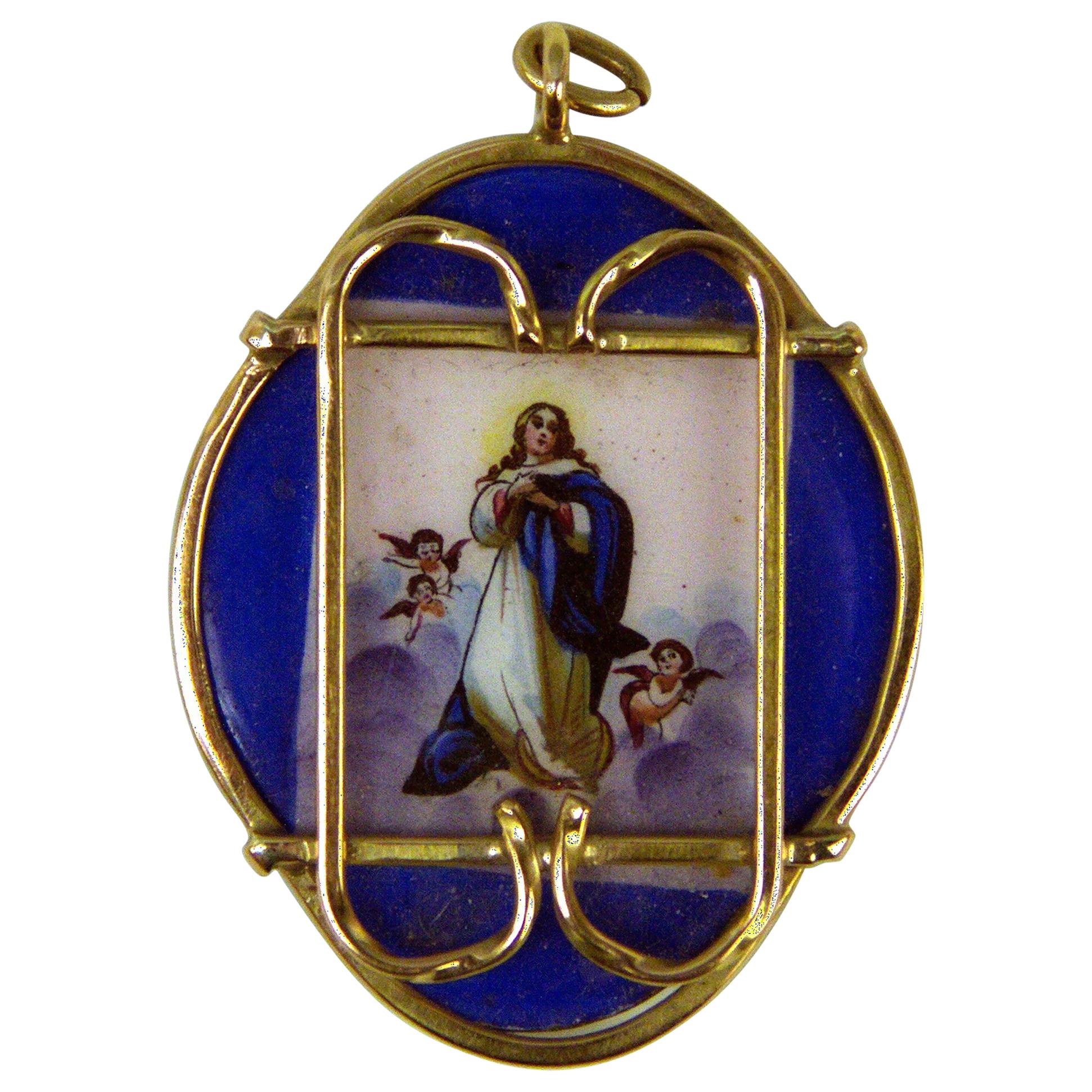 Pendant Gold 585 Porcelain Madonna Painted Austrian-Hungarian Monarchy