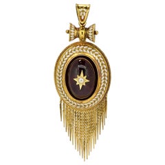 Antique Pendant, Gold, Victorian, Garnet Cabochon, Enamel Decoration, Pearl, 1860