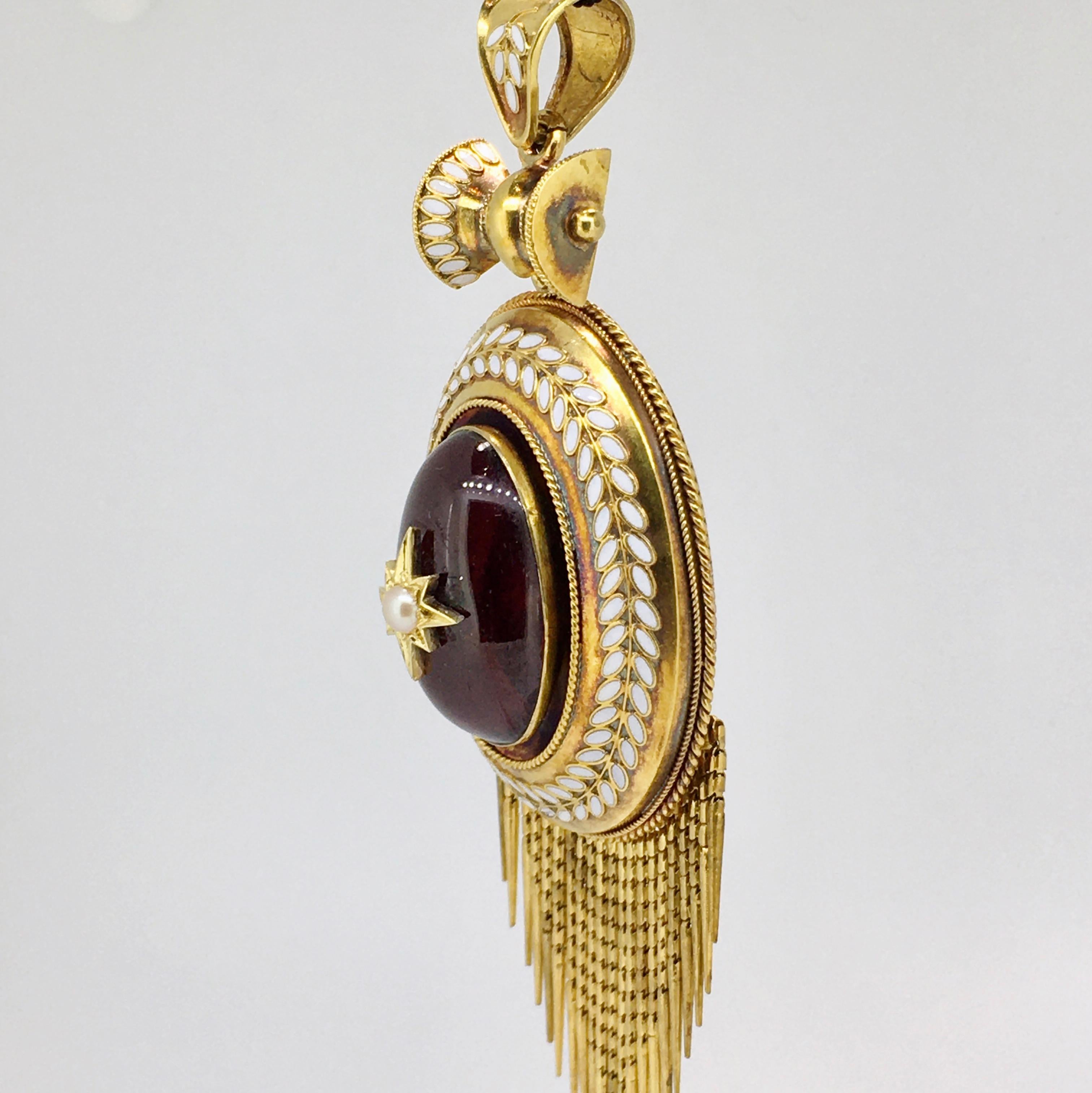 Oval Cut Pendant, Gold, Victorian, Garnet Cabochon, Enamel Decoration, Pearl, 1860