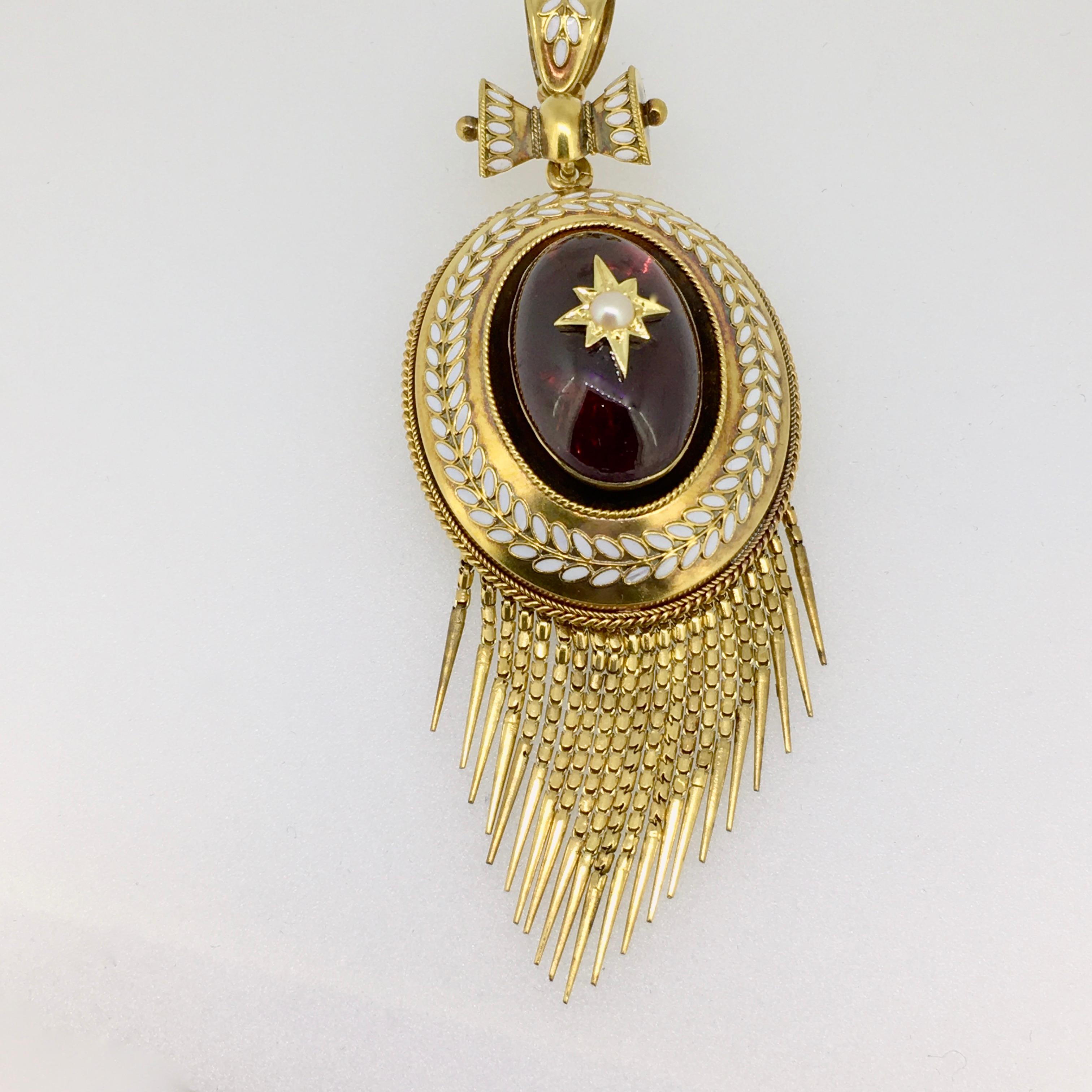 Women's Pendant, Gold, Victorian, Garnet Cabochon, Enamel Decoration, Pearl, 1860