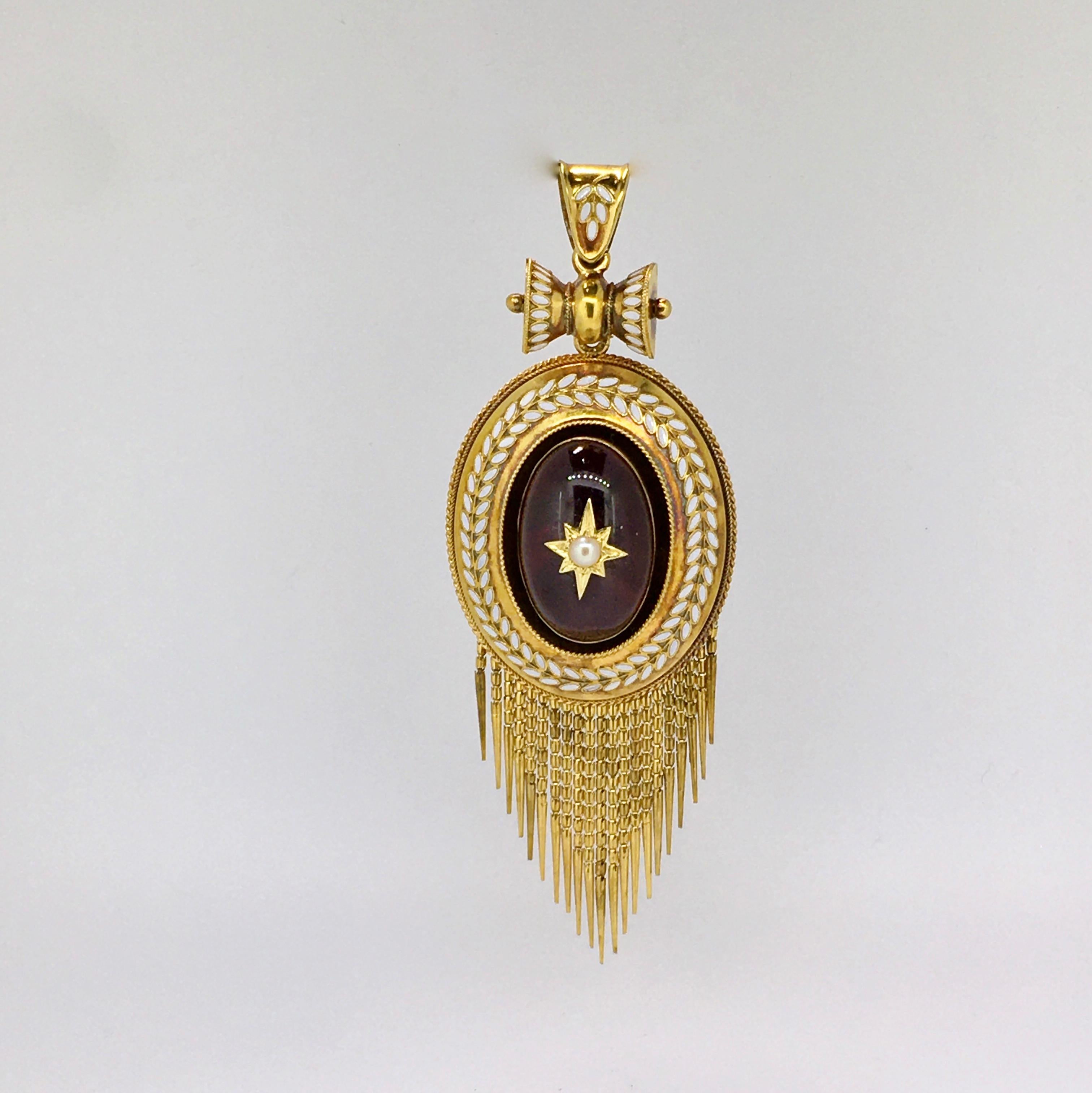 Pendant, Gold, Victorian, Garnet Cabochon, Enamel Decoration, Pearl, 1860 1