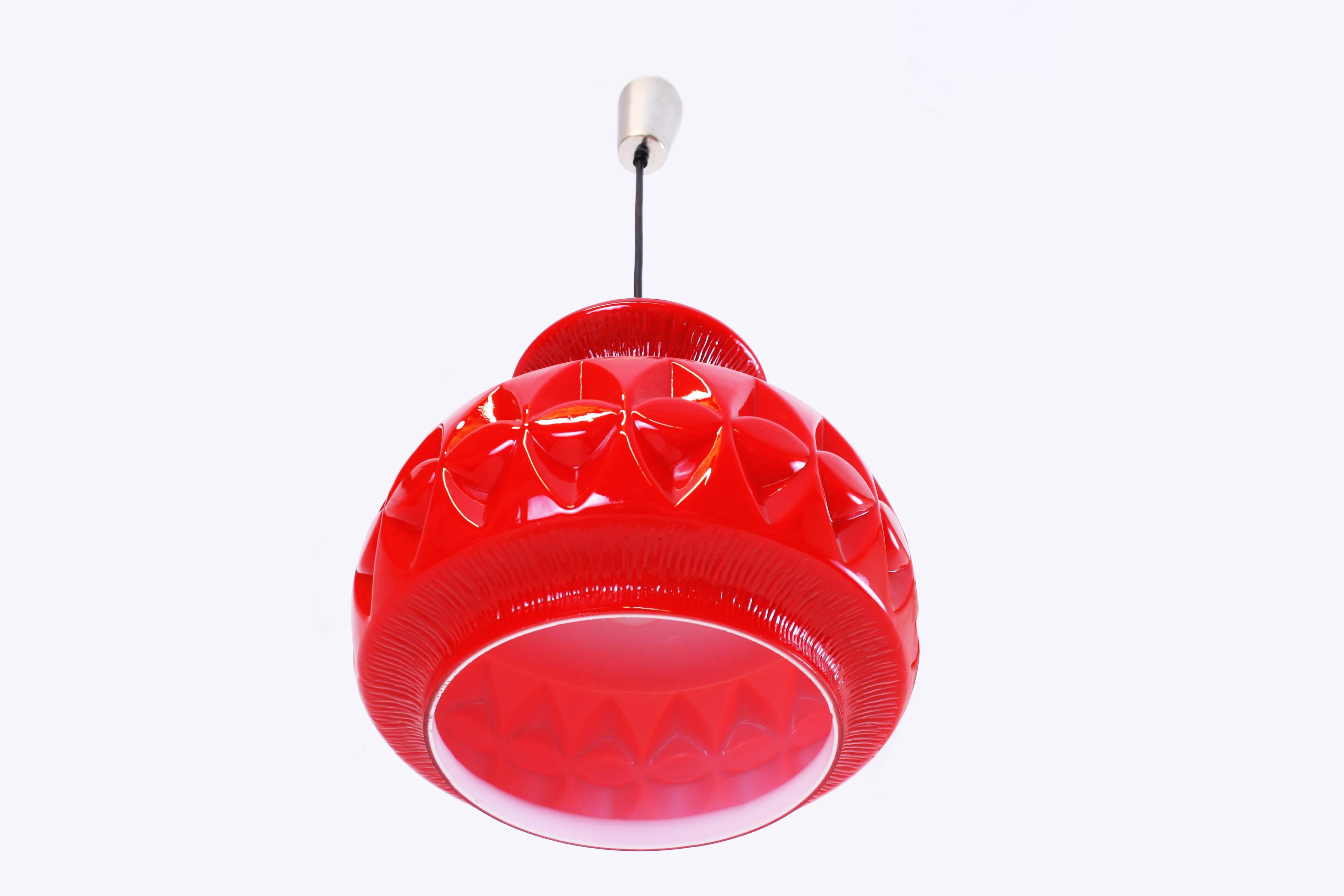 German Pendant Hanging Lamp by Koch & Lowy for Peill & Putzler Red Glass of the 1970s