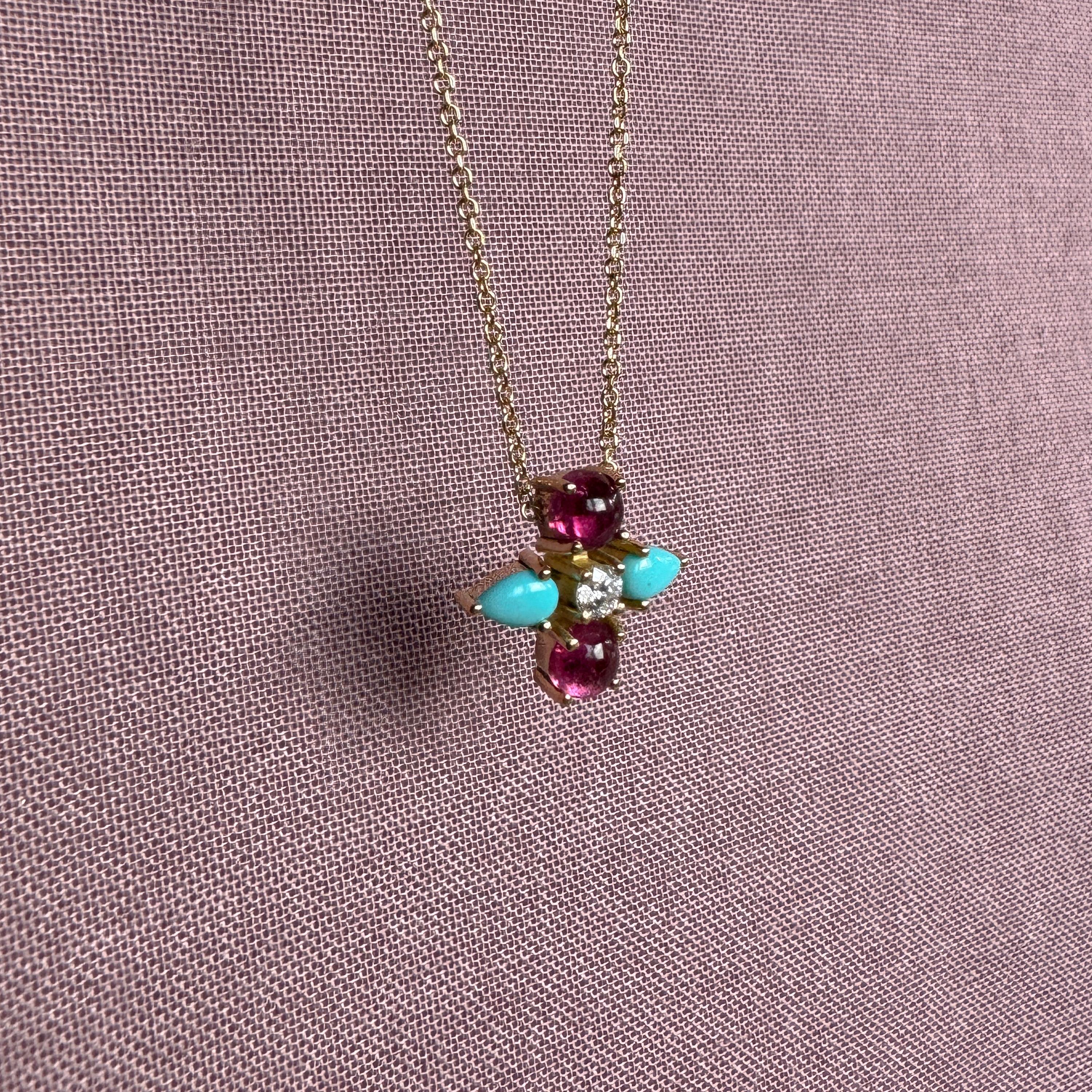 Contemporary Pendant in 18 Karat Yellow Gold With A Diamond, Pink Tourmaline, Turquoise For Sale