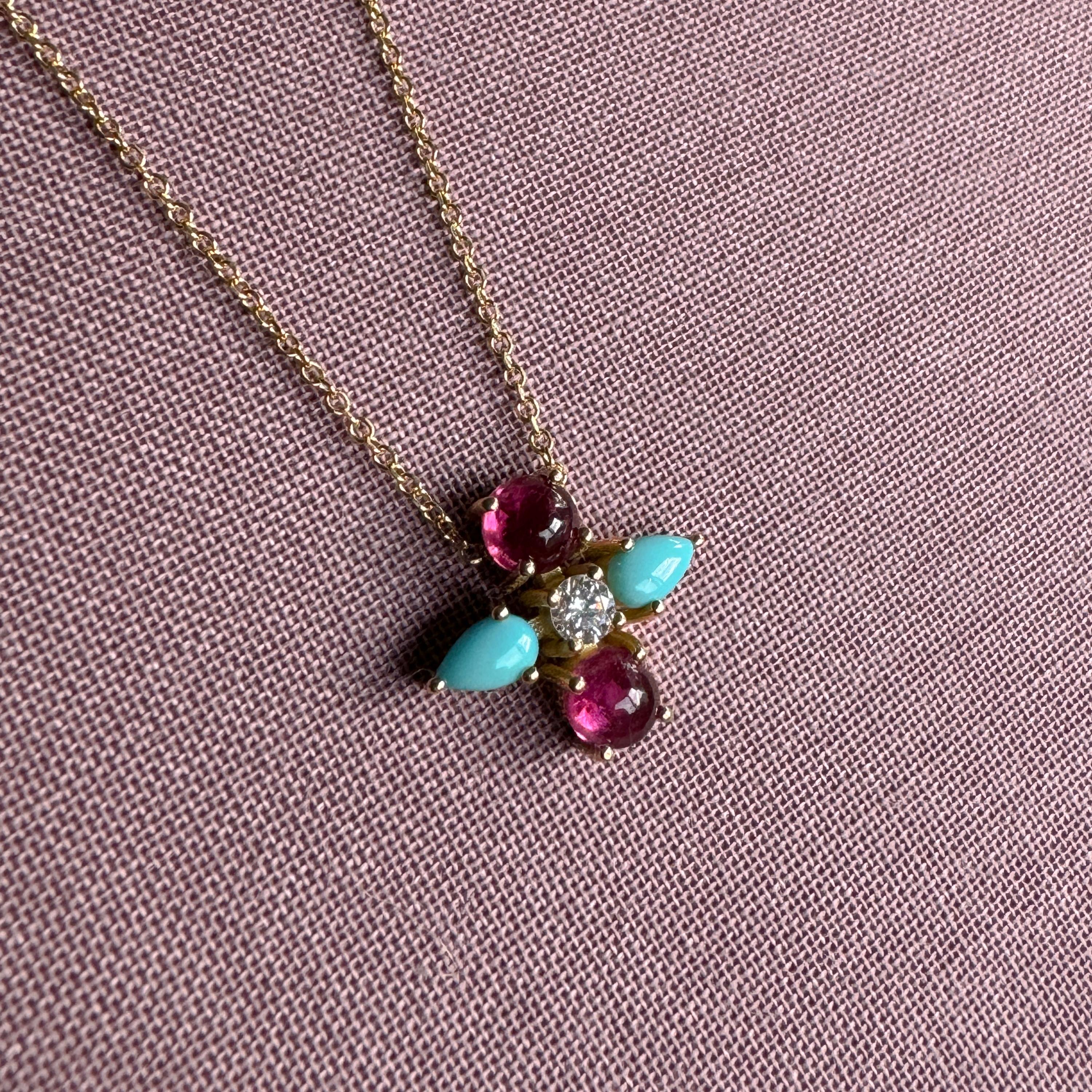 Marquise Cut Pendant in 18 Karat Yellow Gold With A Diamond, Pink Tourmaline, Turquoise For Sale