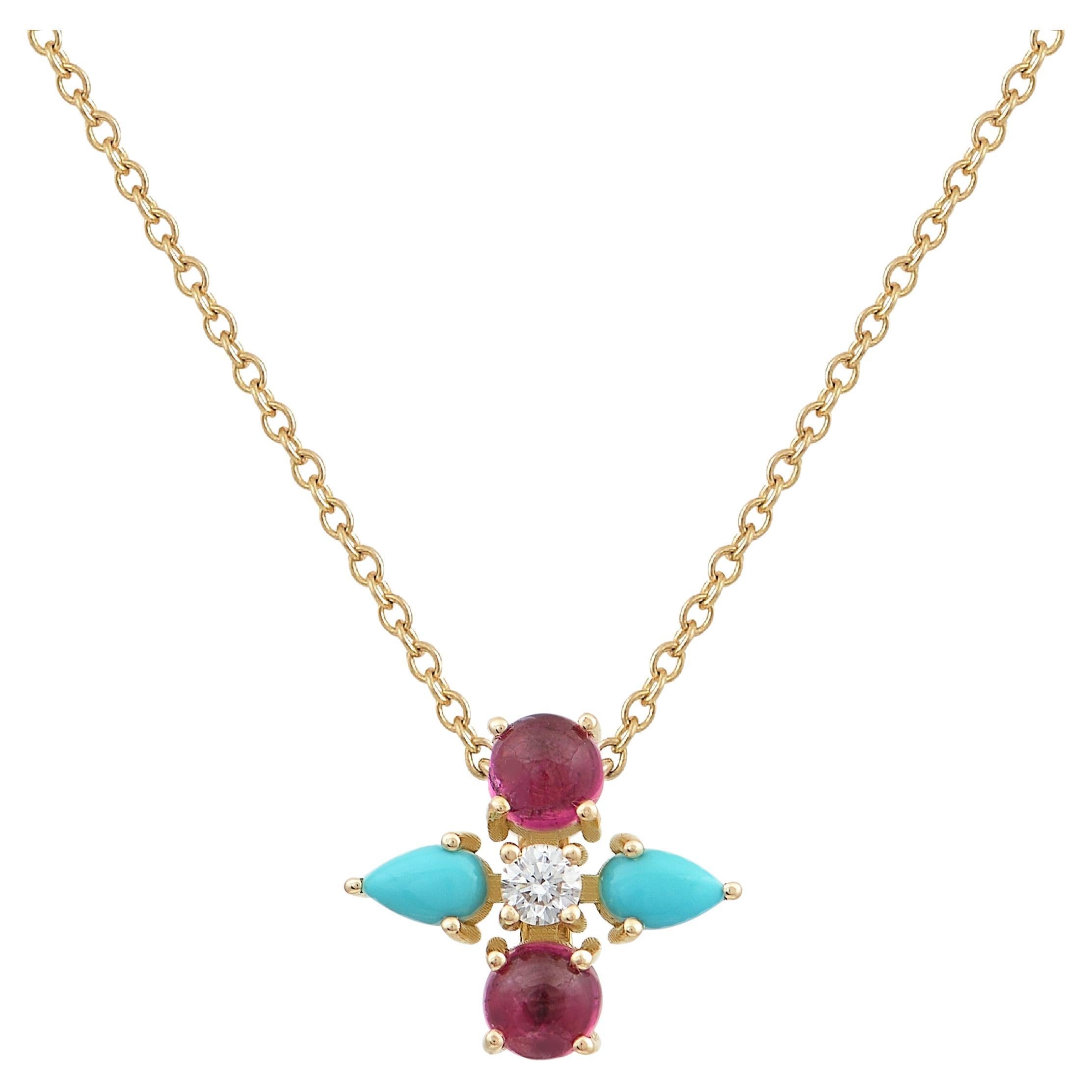 Pendant in 18 Karat Yellow Gold With A Diamond, Pink Tourmaline, Turquoise For Sale