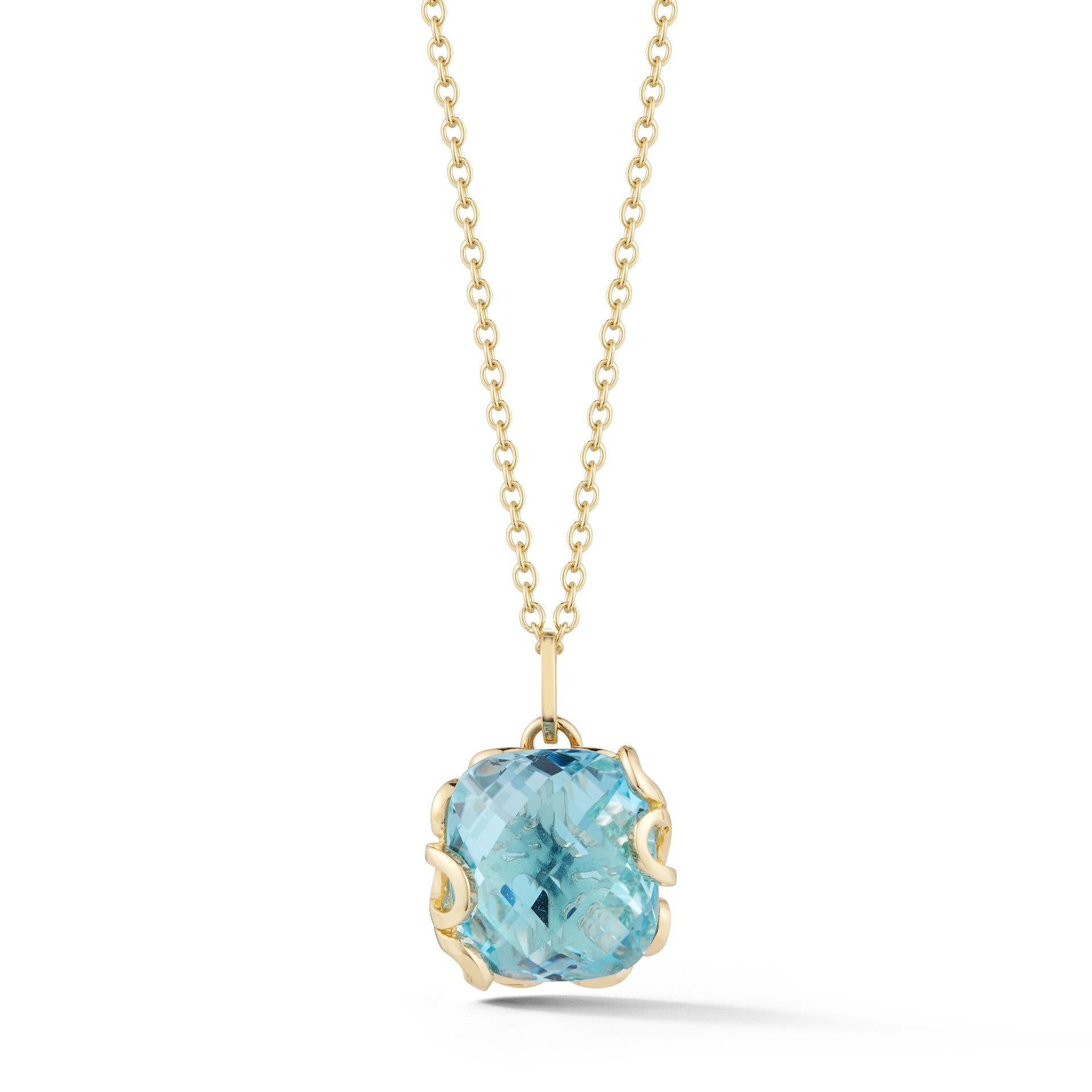 Cushion Cut Pendant in 18K Yellow Gold with Leaf Motif Back and Large Blue Topaz For Sale