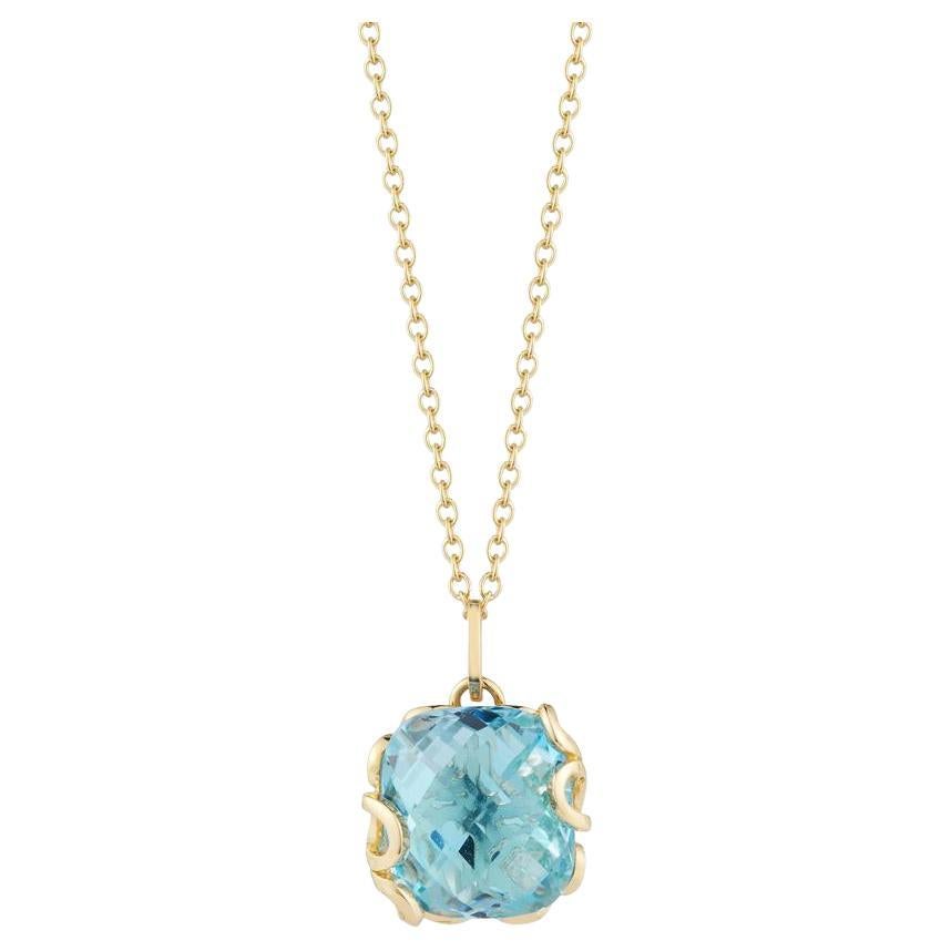 Pendant in 18K Yellow Gold with Leaf Motif Back and Large Blue Topaz For Sale