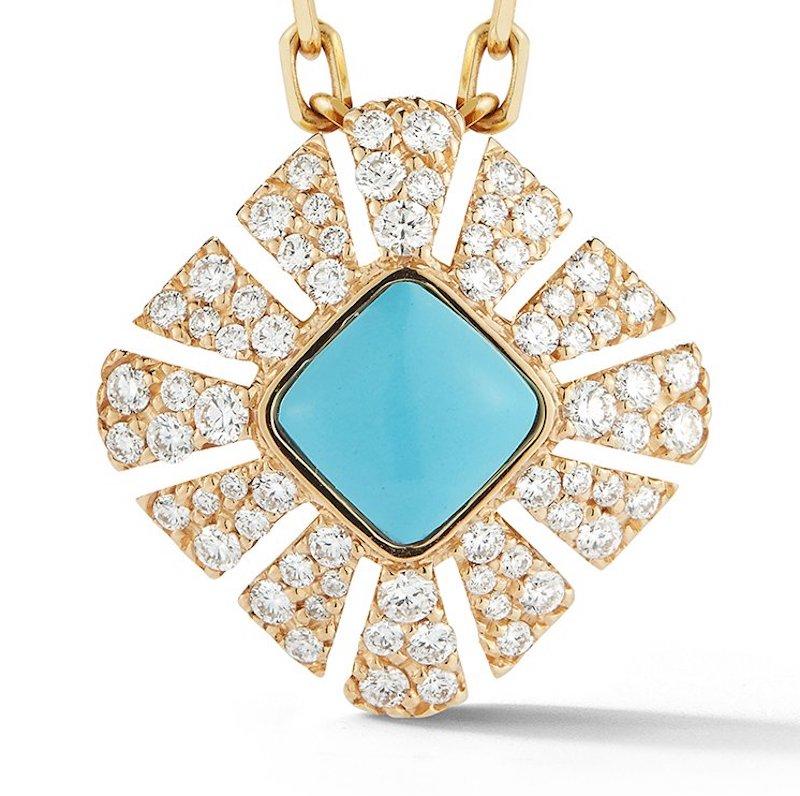 Raggi collection pendant in 18K yellow gold with white pave diamonds (0.53 carats) and natural turquoise center stone
