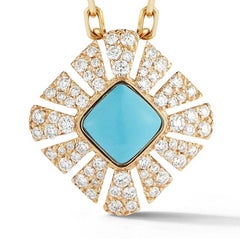 Pendant in 18K Yellow Gold with White Pave Diamonds and Turquoise Center Stone