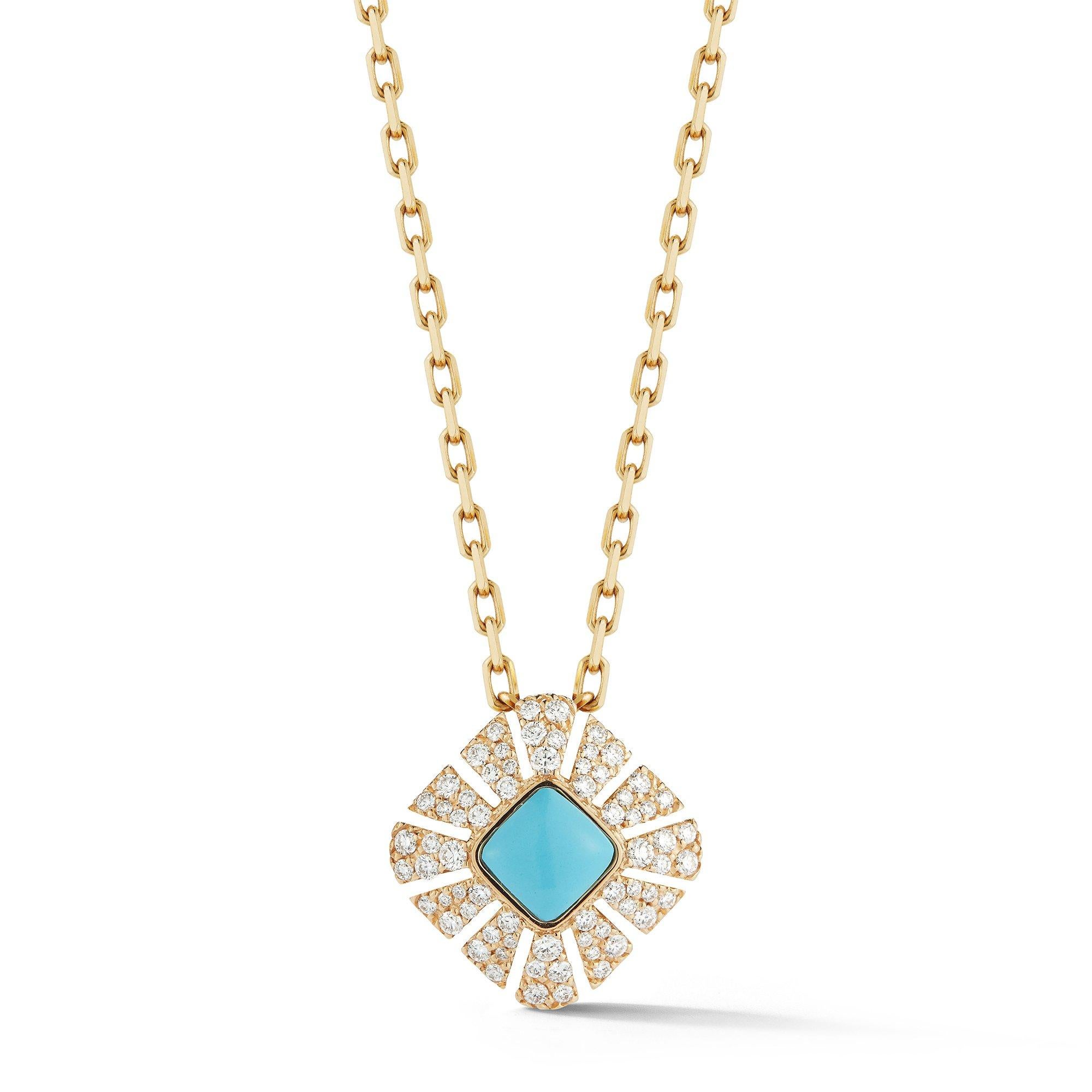 Pendant in 18K Yellow Gold with White Pave Diamonds and Turquoise Center Stone In New Condition For Sale In Huntington, NY